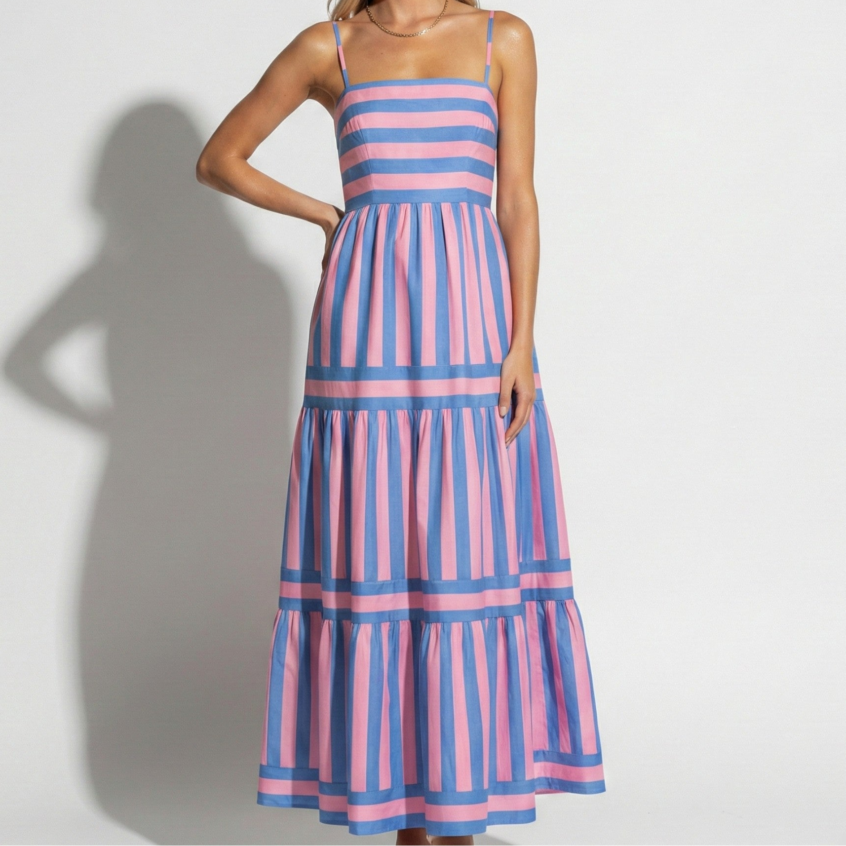 Lily - Women's Striped Tiered Maxi Dress with Spaghetti Straps