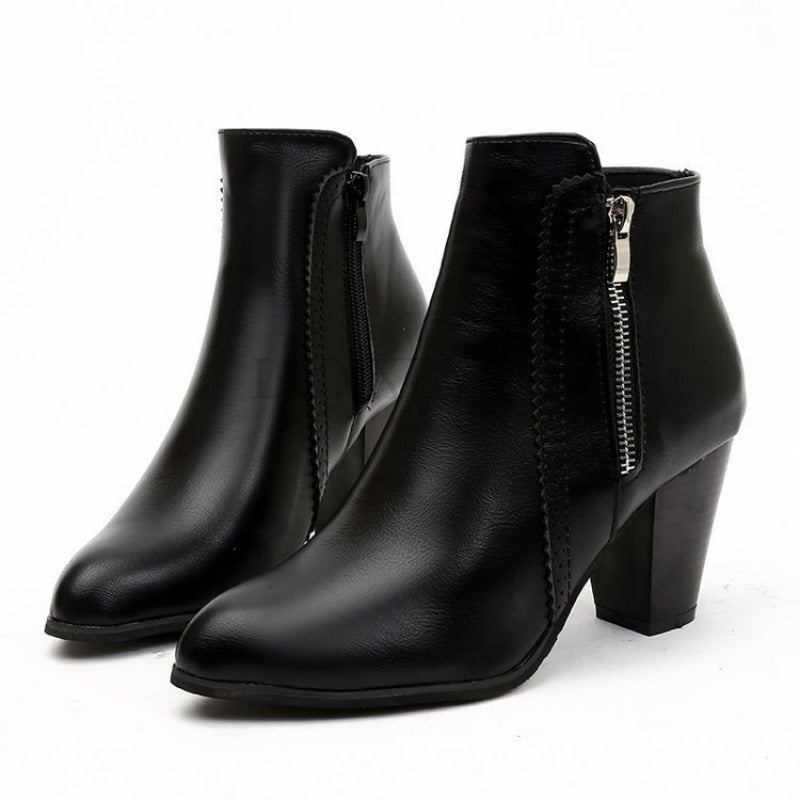 Women's Leather Ankle Boots with Side Zipper and Block Heel