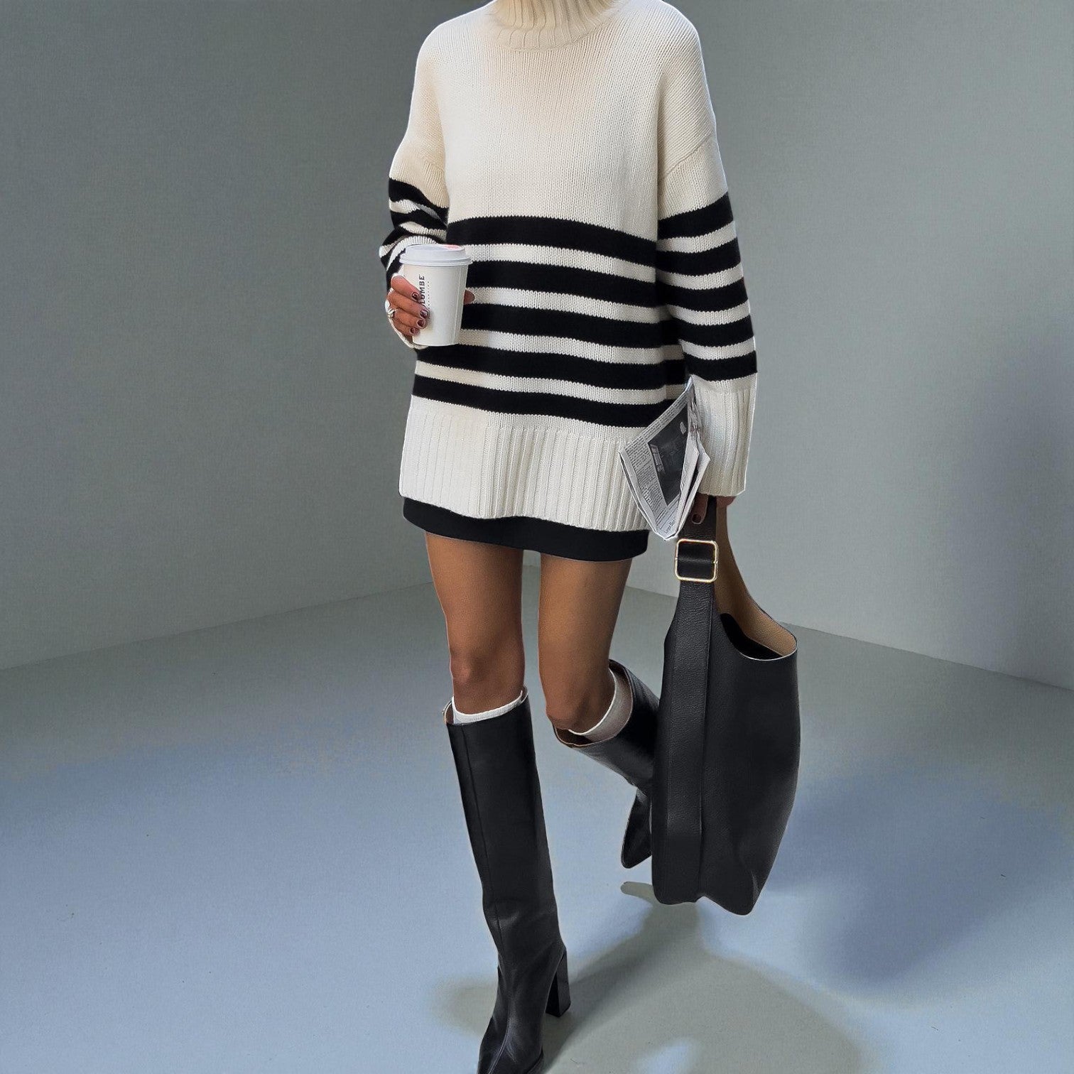 Lina – Women's Knit Sweater with Stand-up Collar & Stripes