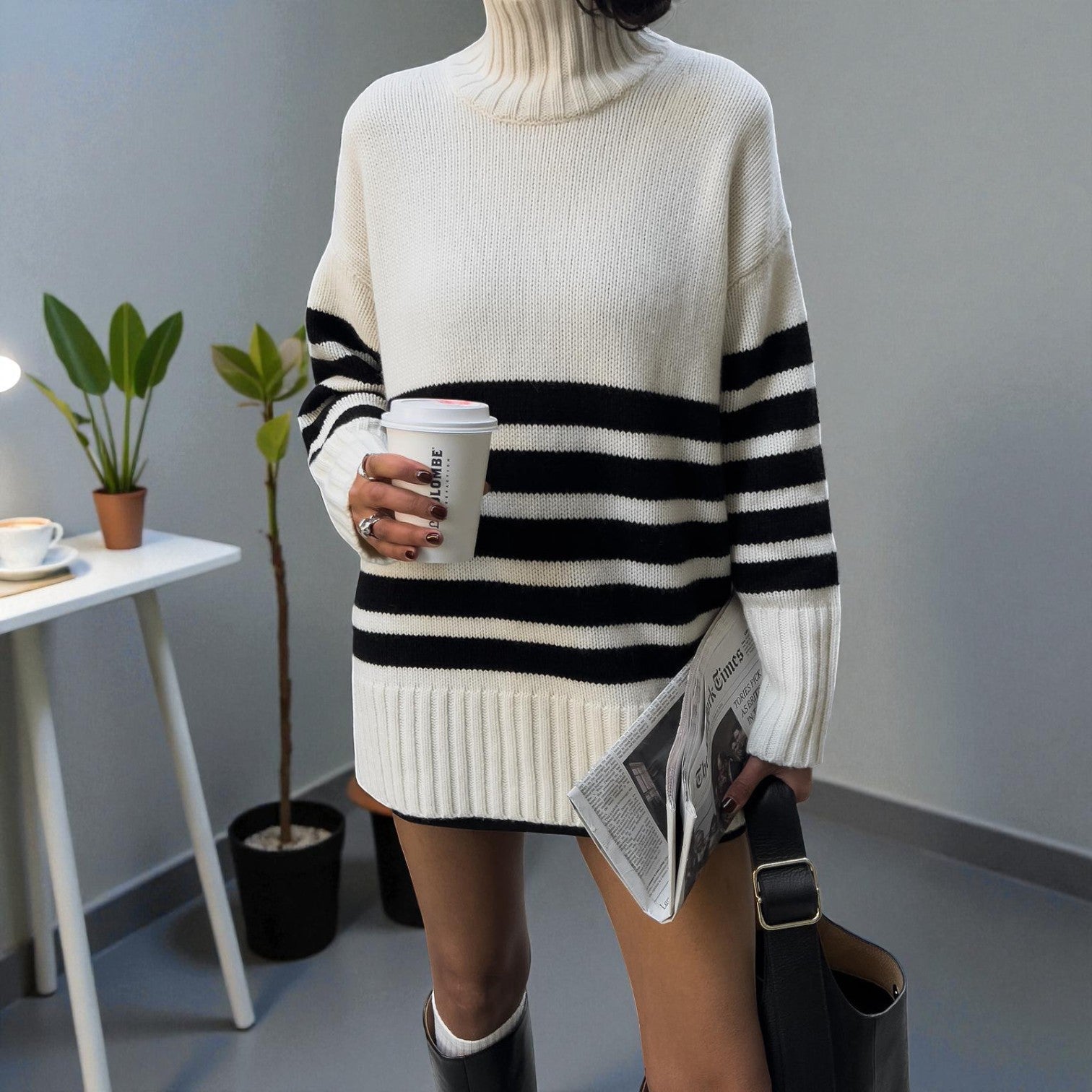 Lina – Women's Knit Sweater with Stand-up Collar & Stripes
