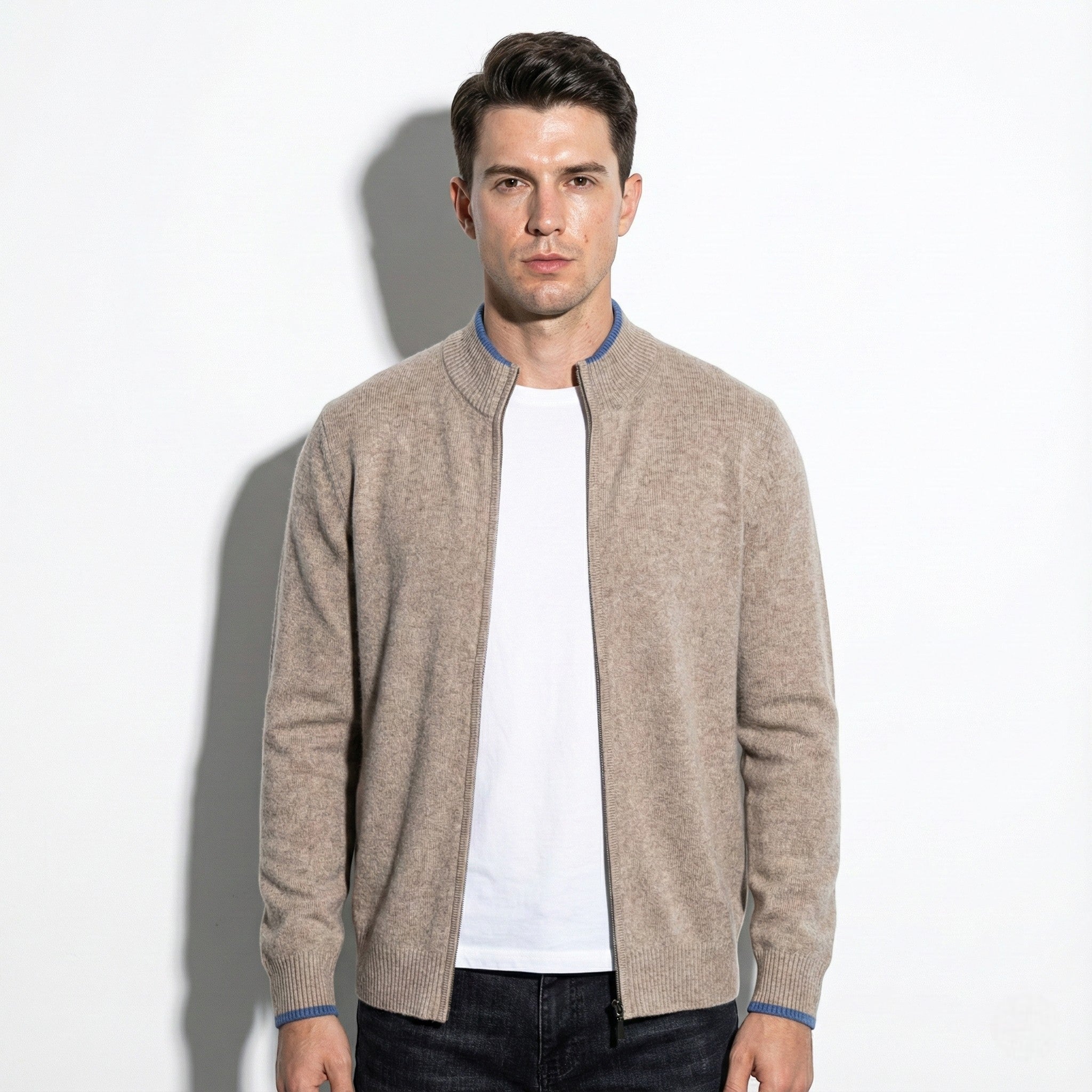 Men's Zip-Up Cardigan with Ribbed Collar and Soft Knit Texture