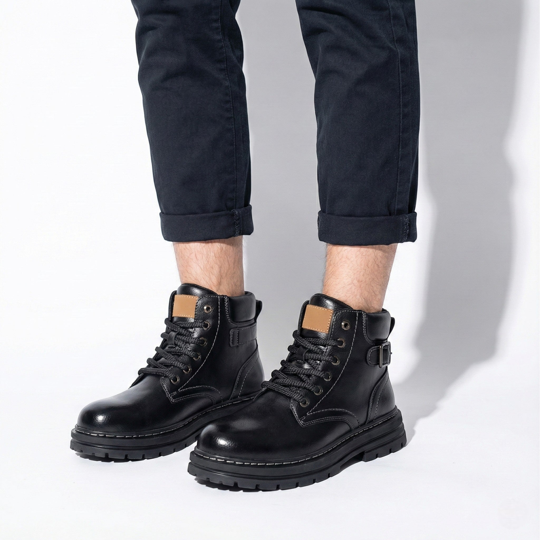 Men's Leather Combat Boots with Chunky Lug Sole and Ankle Buckle Detail