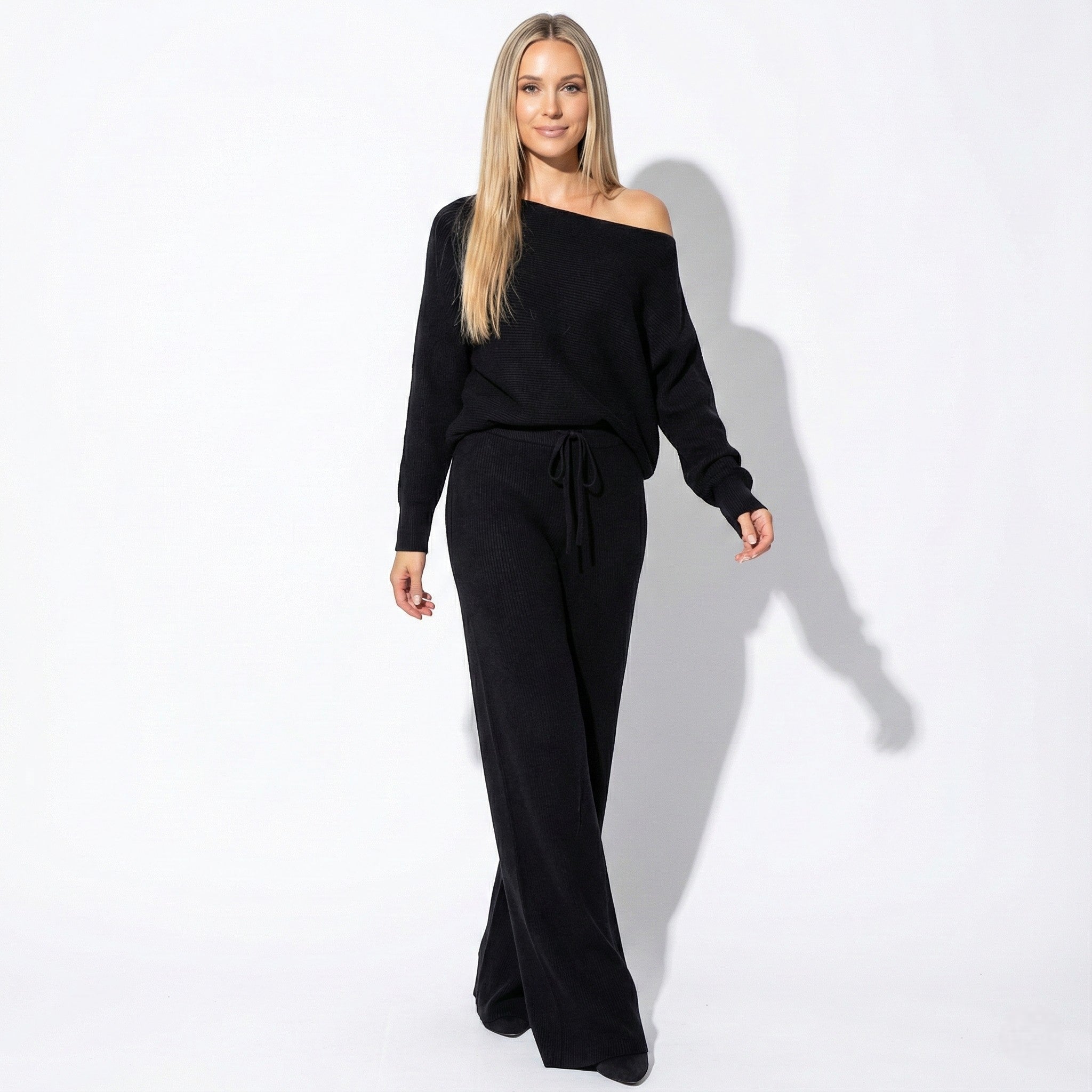 Women's Lounge Sweater Set with Off-Shoulder Top and Wide-Leg Pants