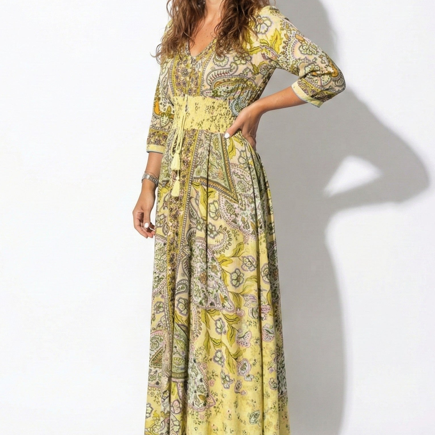 Grace - Women's Printed V-Neck Maxi Dress with 3/4 Sleeves