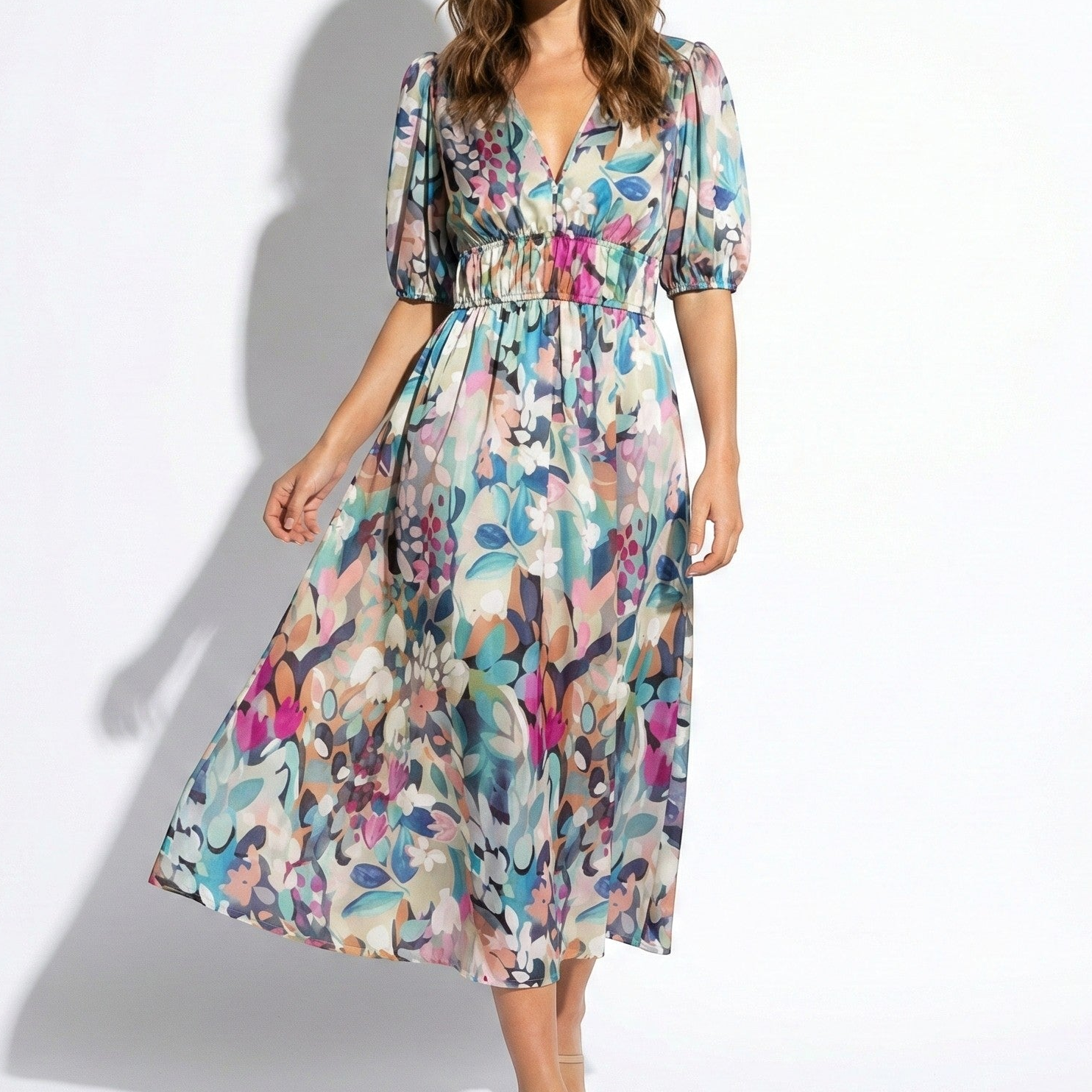 Amelia - Women's Floral Midi Dress with Puff Sleeves