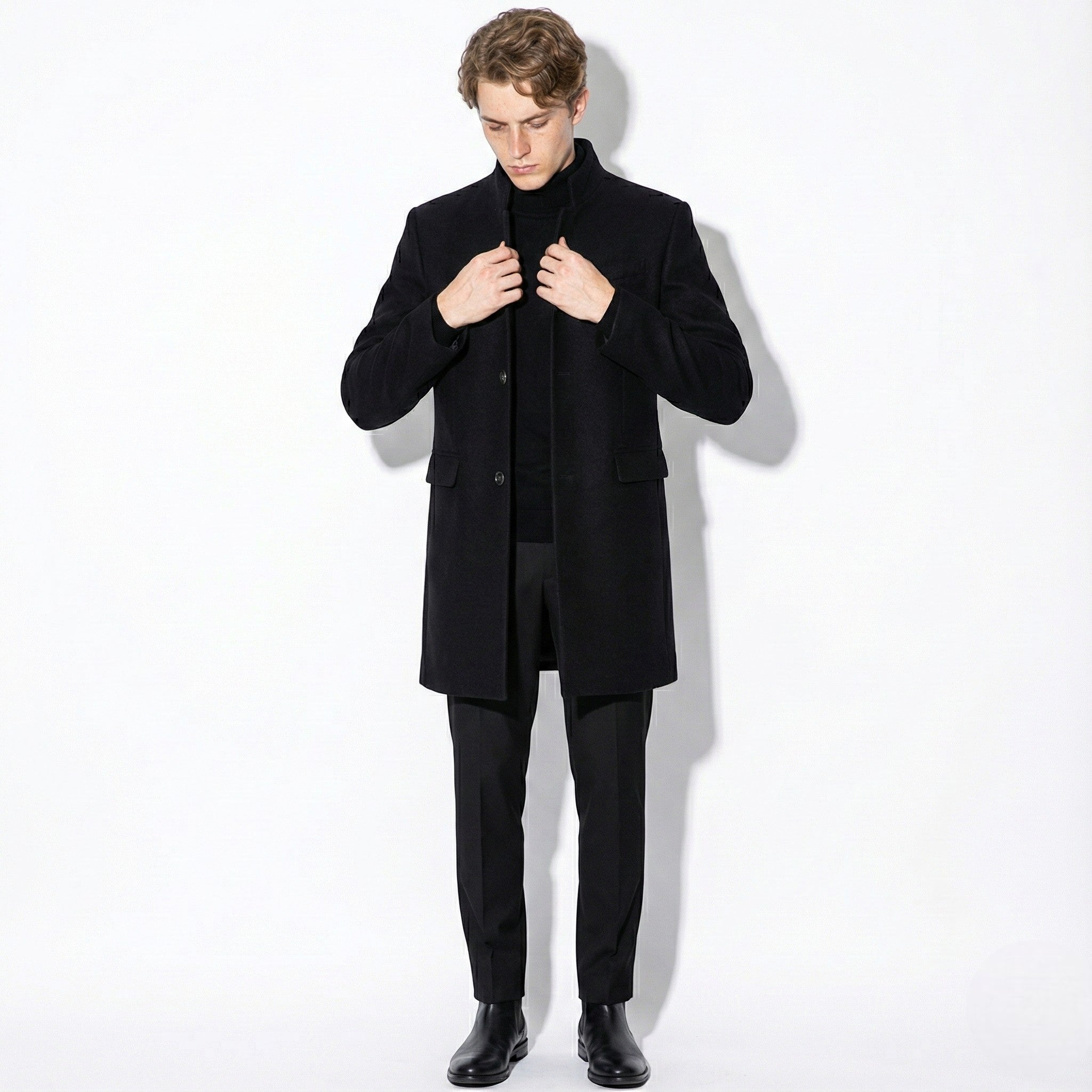 Men's Slim-Fit Overcoat with Stand Collar and Single Breasted Closure