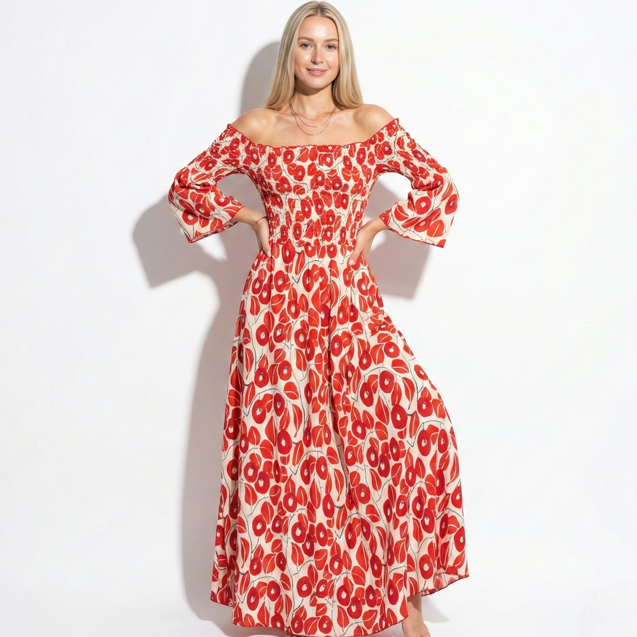 Rose - Women's Floral Off-Shoulder Maxi Dress with Smocked Bodice