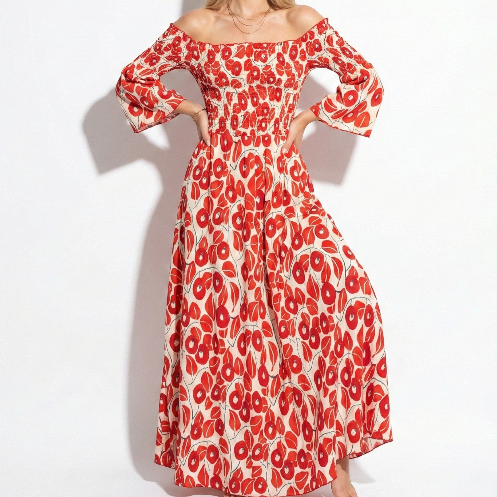 Rose - Women's Floral Off-Shoulder Maxi Dress with Smocked Bodice