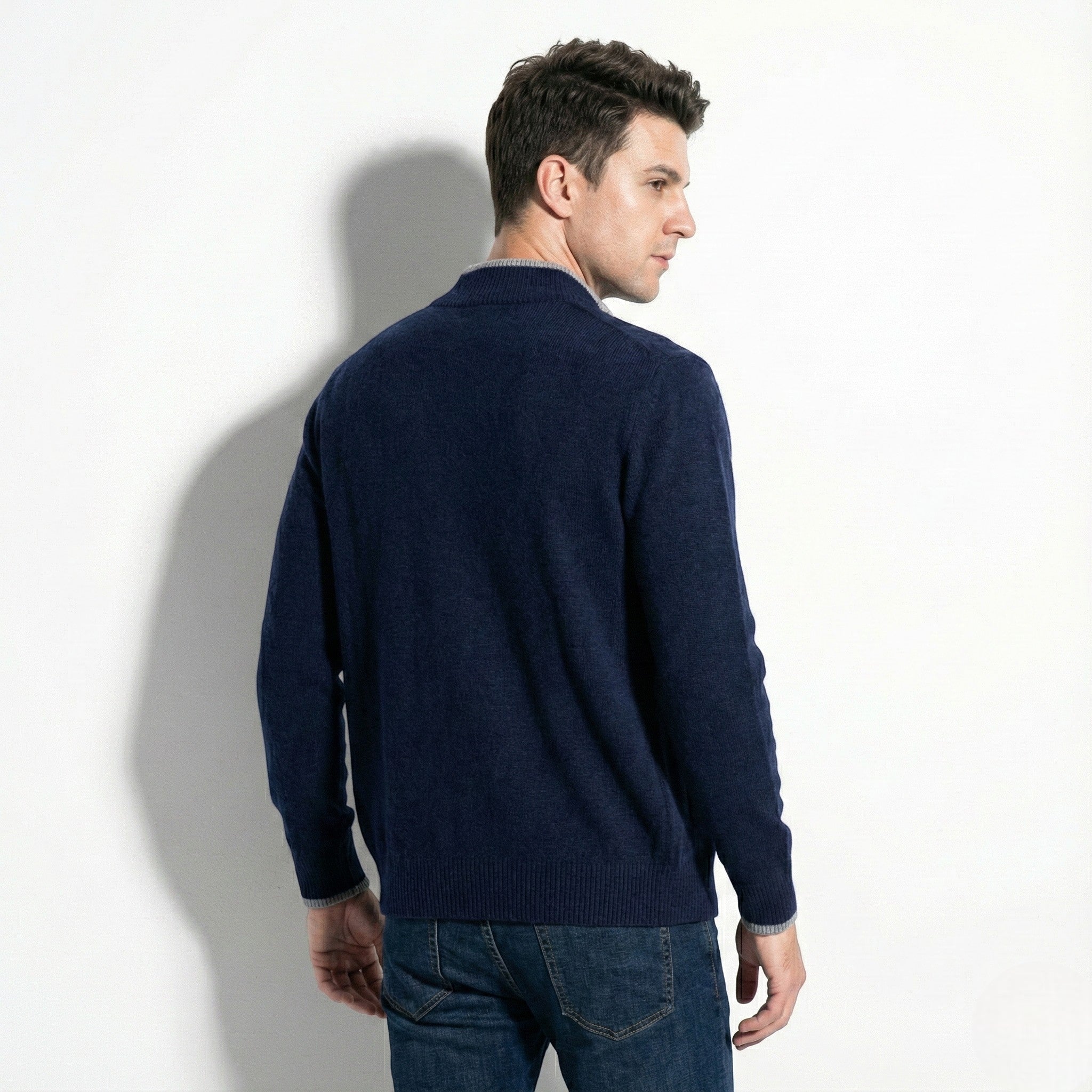 Men's Knitted Zip-Up Cardigan with Stand Collar and Ribbed Hems