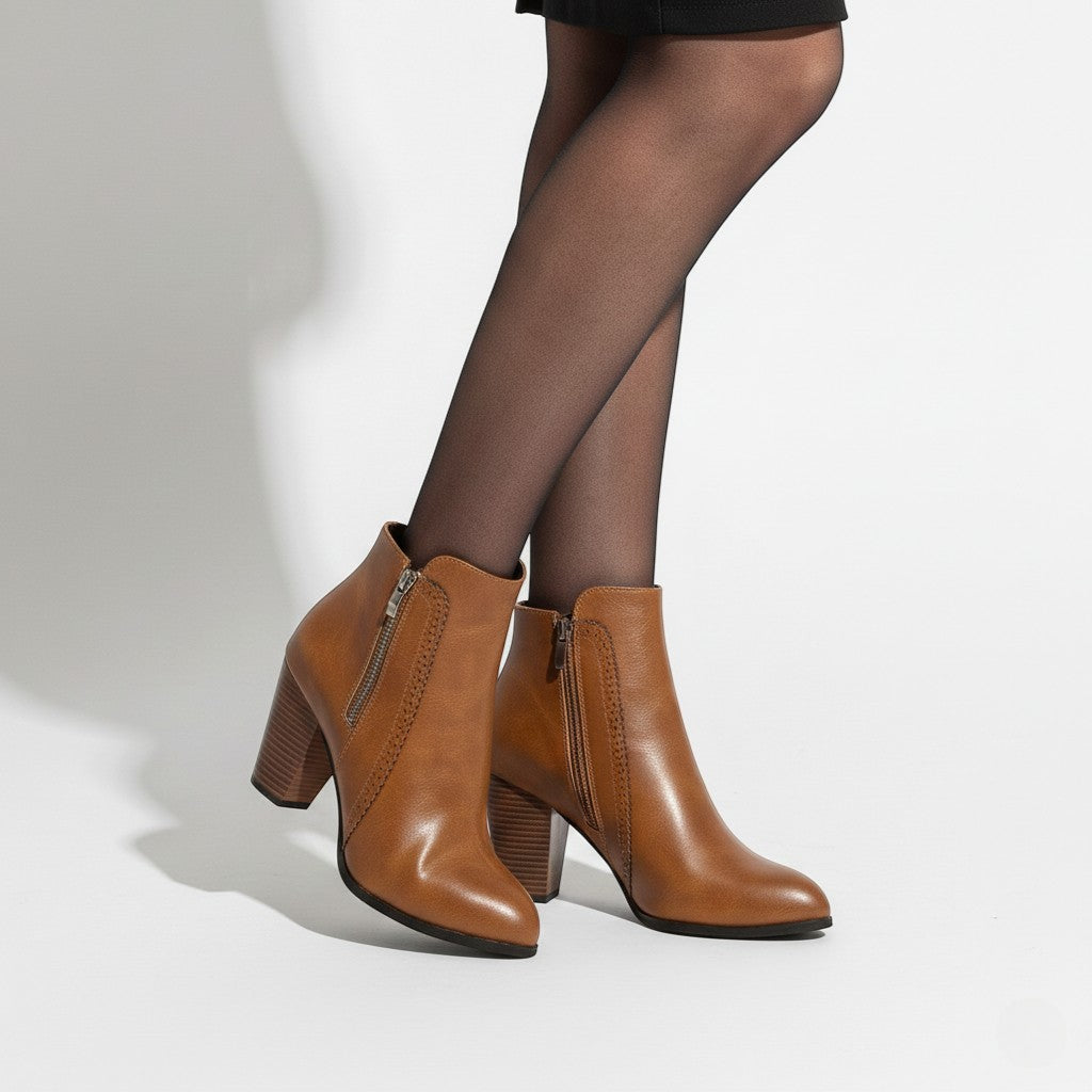Women's Leather Ankle Boots with Side Zipper and Block Heel