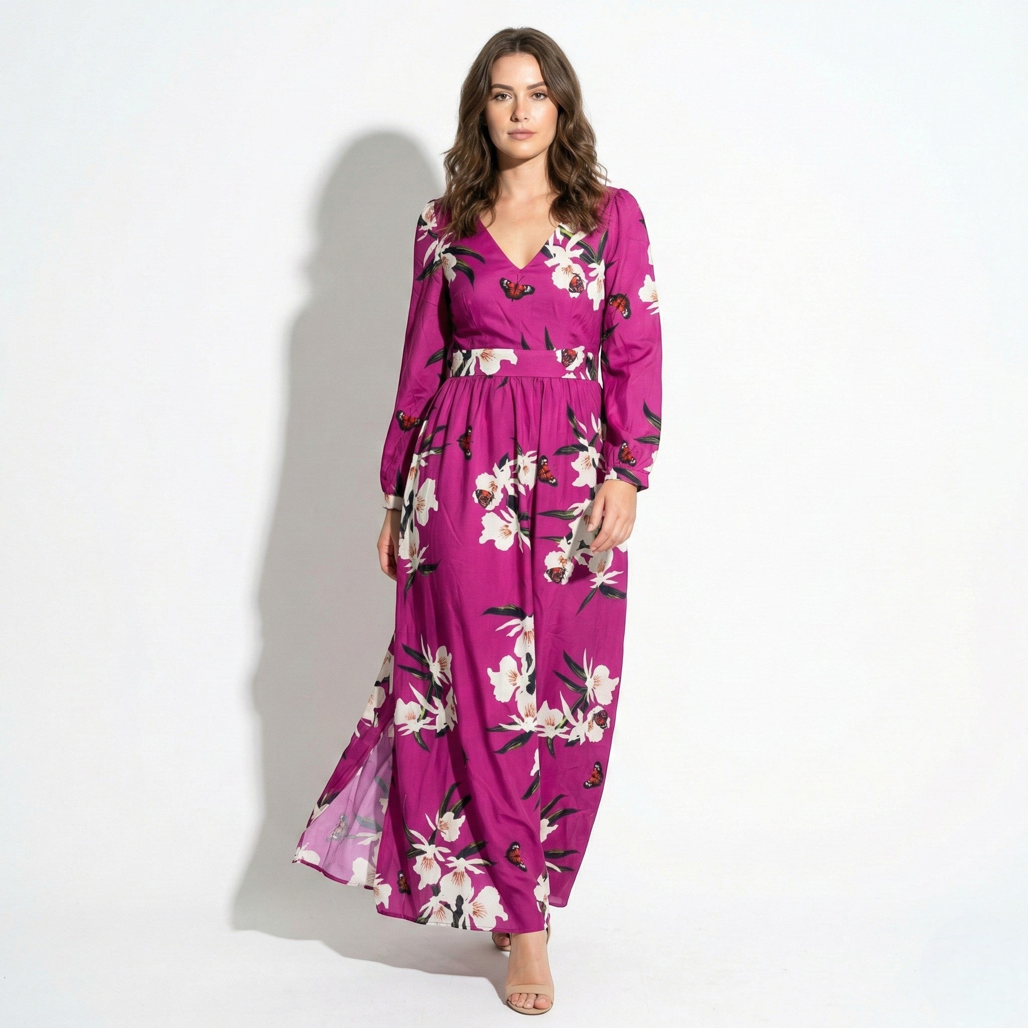 Rachel - Women's Floral V-Neck Maxi Dress with Long Sleeves
