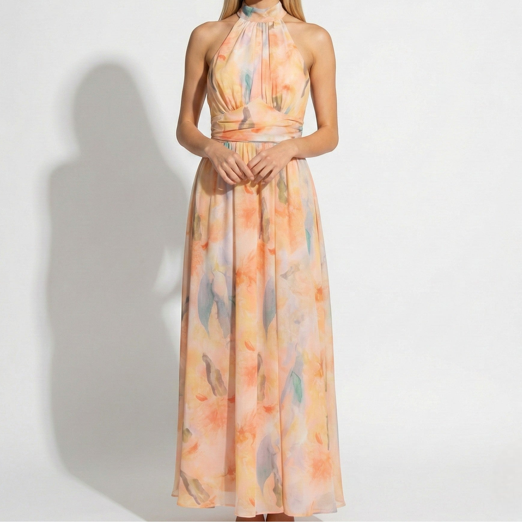 Daisy - Women's Watercolor Halter Neck Maxi Dress with Cinched Waist