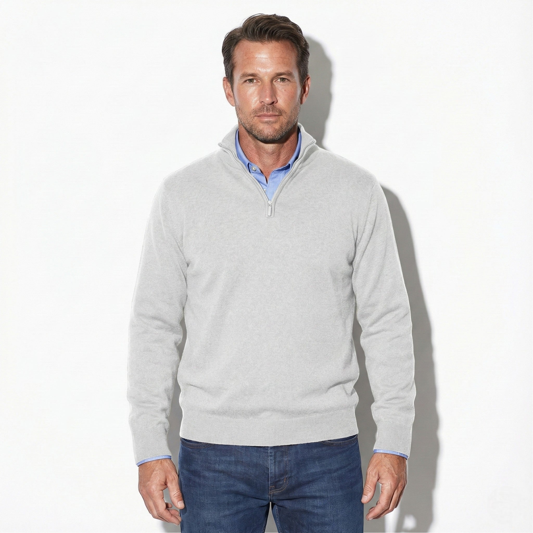 Men's Knit Quarter-Zip Sweater with Stand Collar and Casual Fit