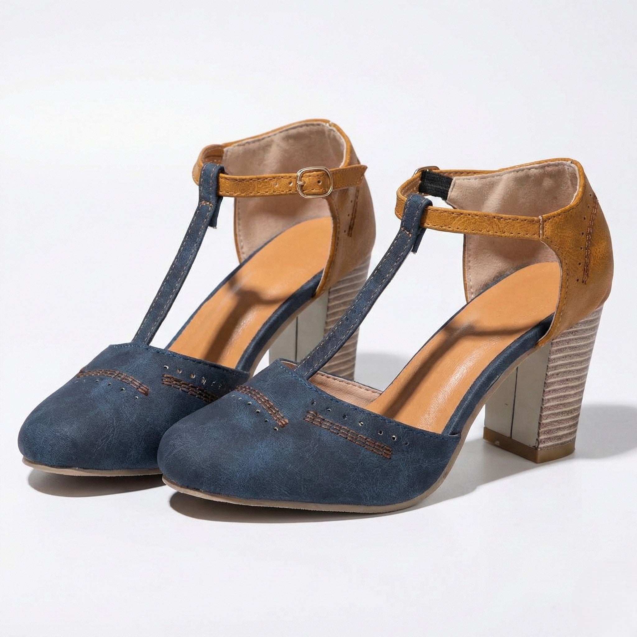 Eleanor - Women’s T-Bar Block Heel Brogue Sandals