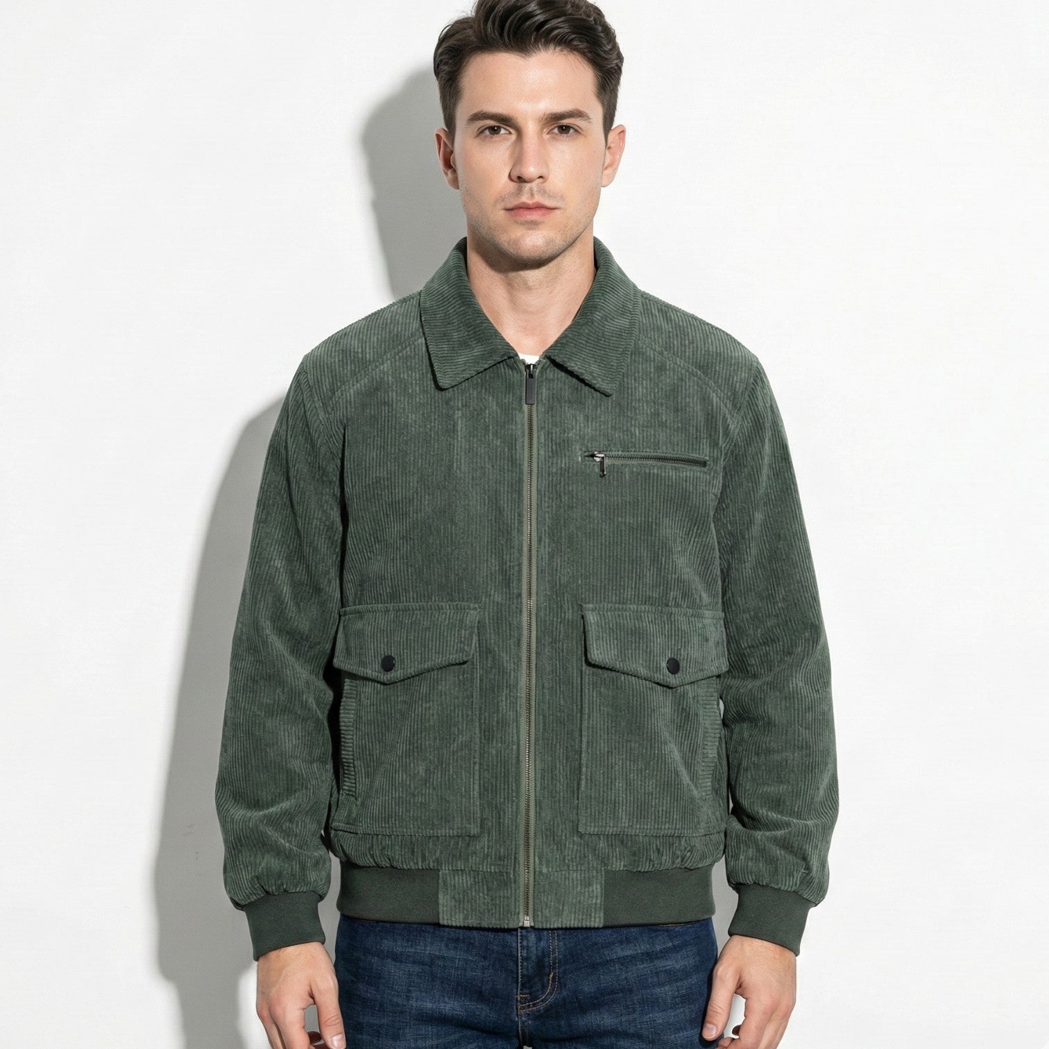 Men's Full-zipped Corduroy Jacket with Front Pockets