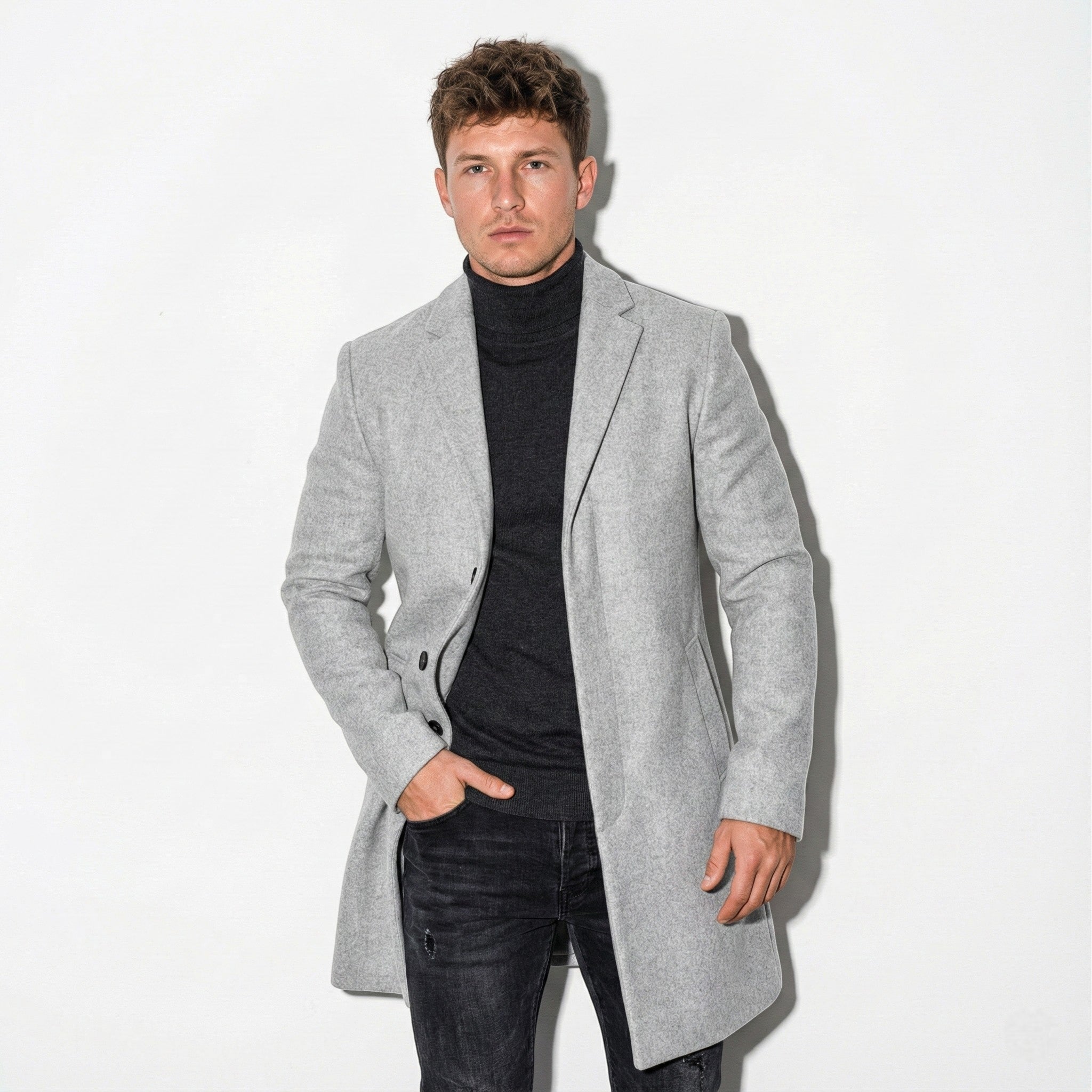 Men's Mid-Length Overcoat with Notch Lapel