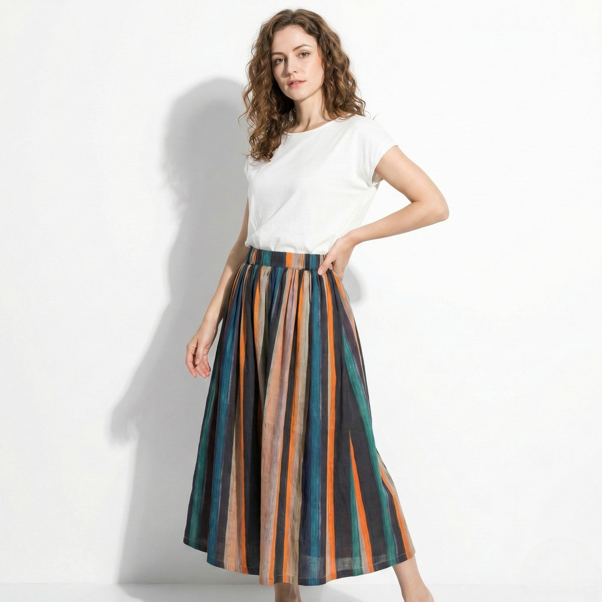 Amelia - Women's Striped A-Line Maxi Skirt with Elastic Waist