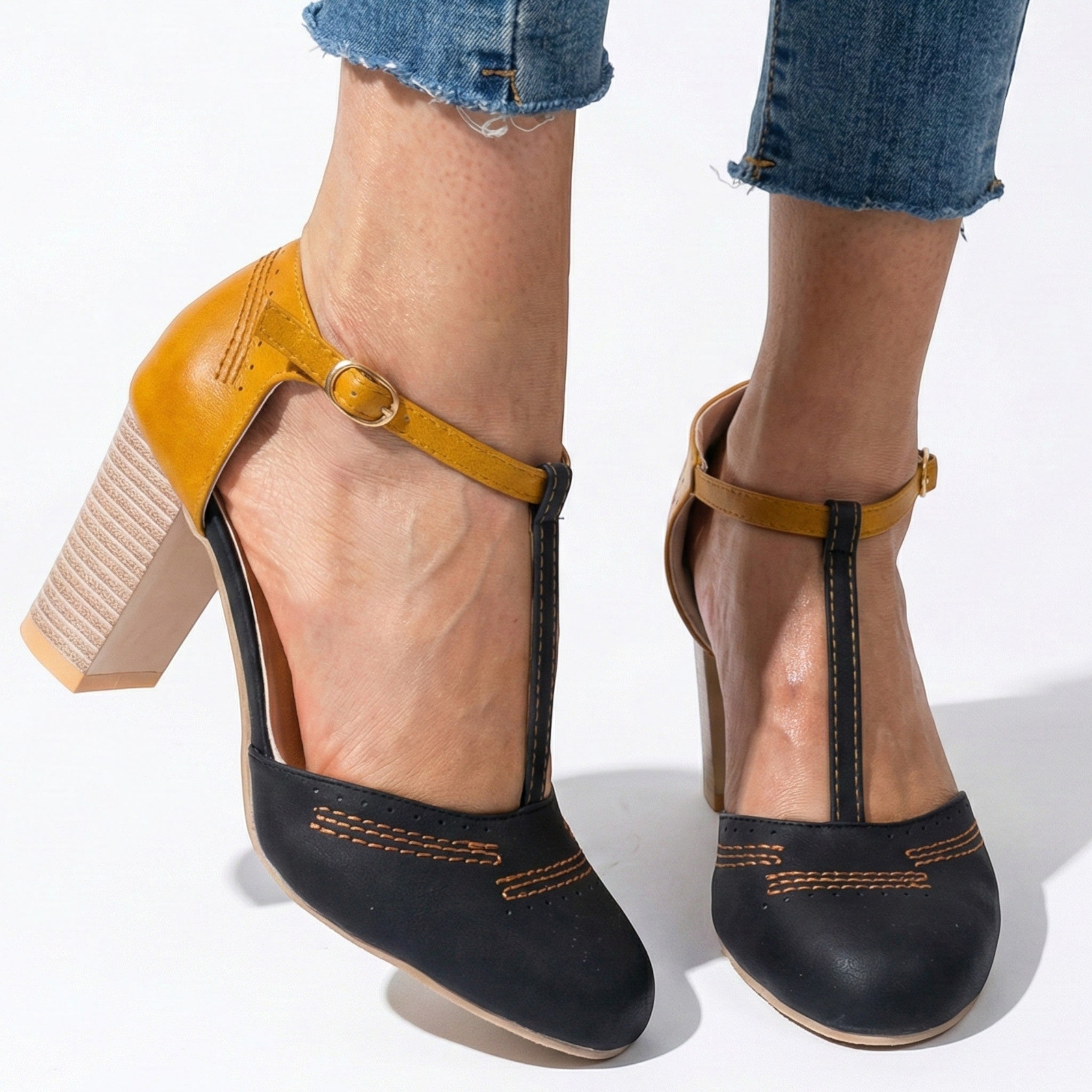 Eleanor - Women’s T-Bar Block Heel Brogue Sandals