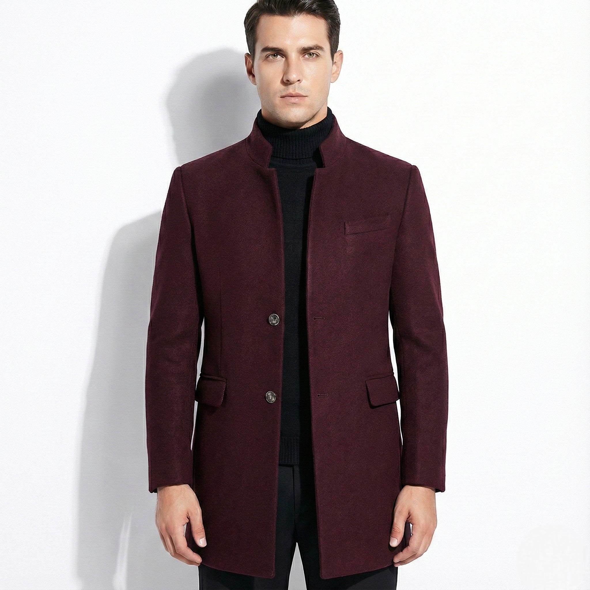 Men's Slim-Fit Overcoat with Stand Collar and Single Breasted Closure