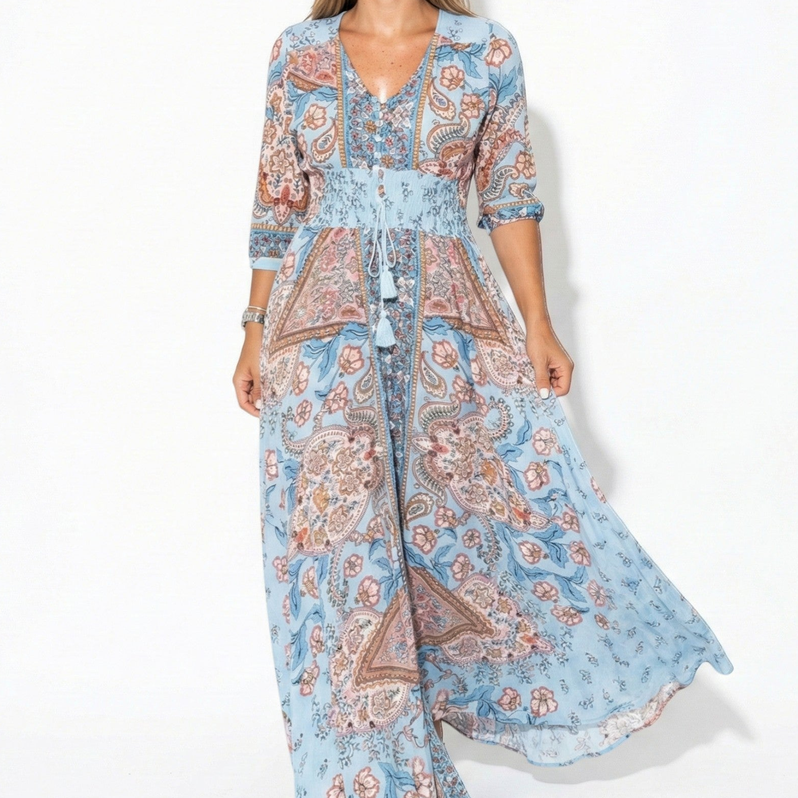 Grace - Women's Printed V-Neck Maxi Dress with 3/4 Sleeves