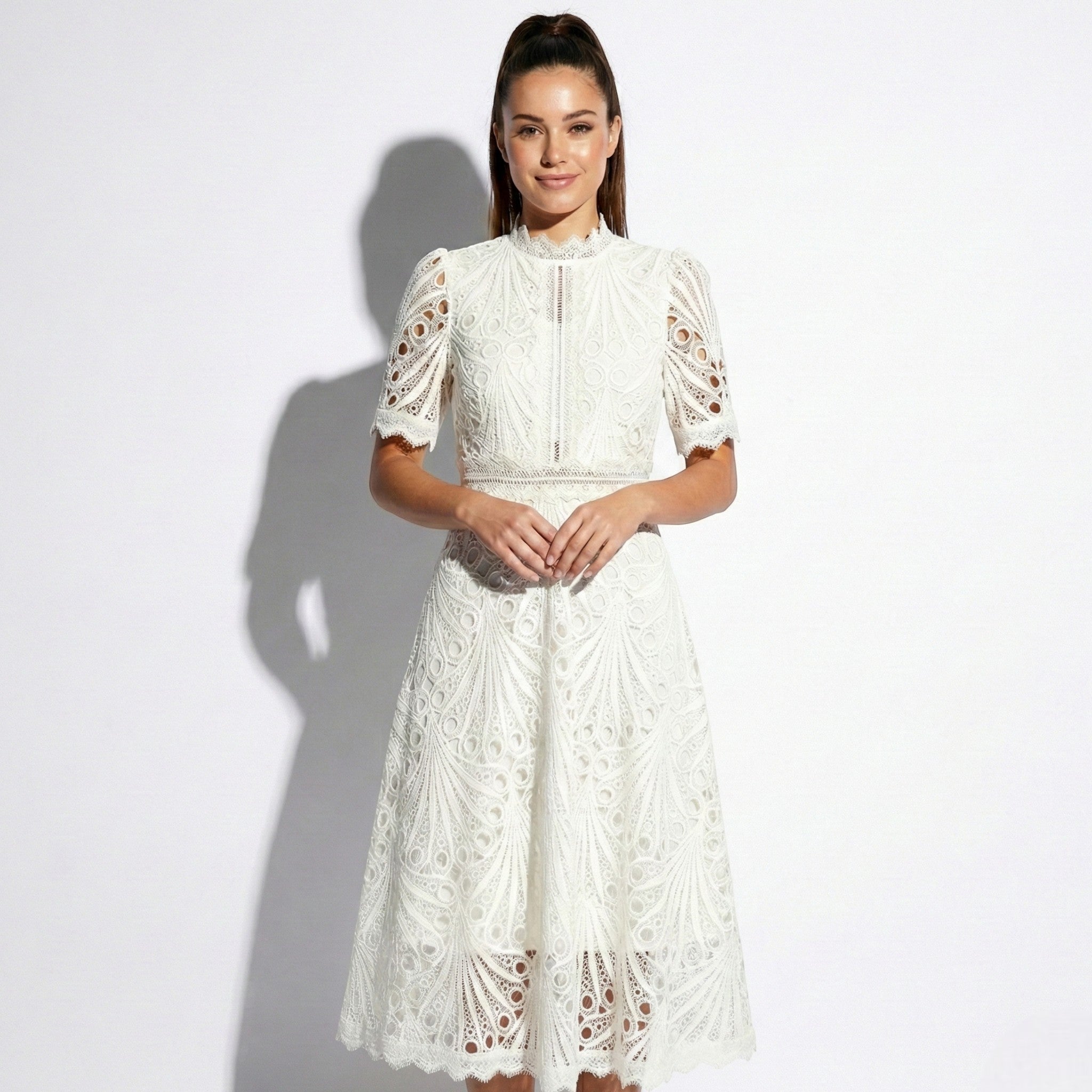 Lexi - Women's Lace Midi Dress with High Neck and Short Sleeves