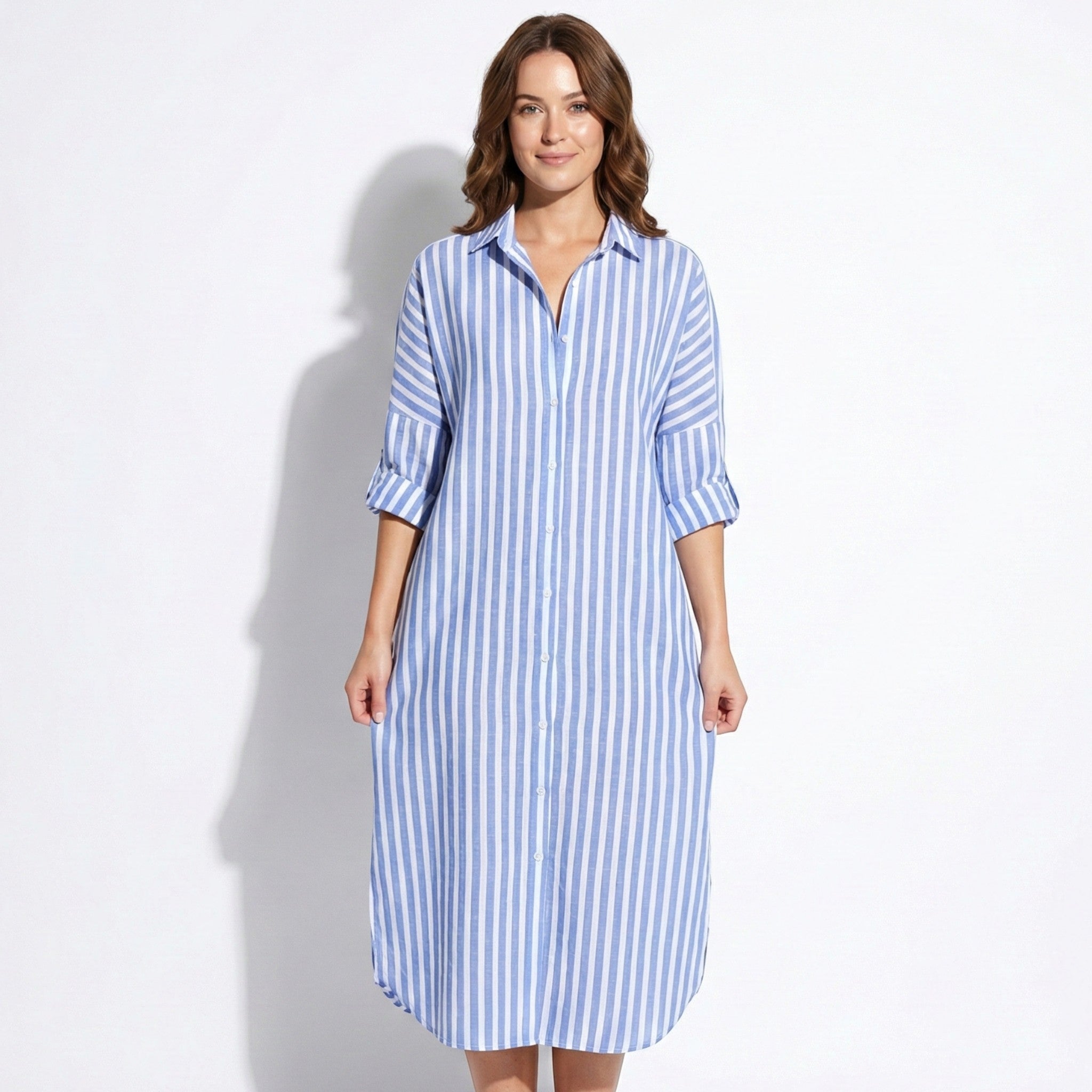Amelia - Women's Striped Maxi Shirt Dress with Button Placket