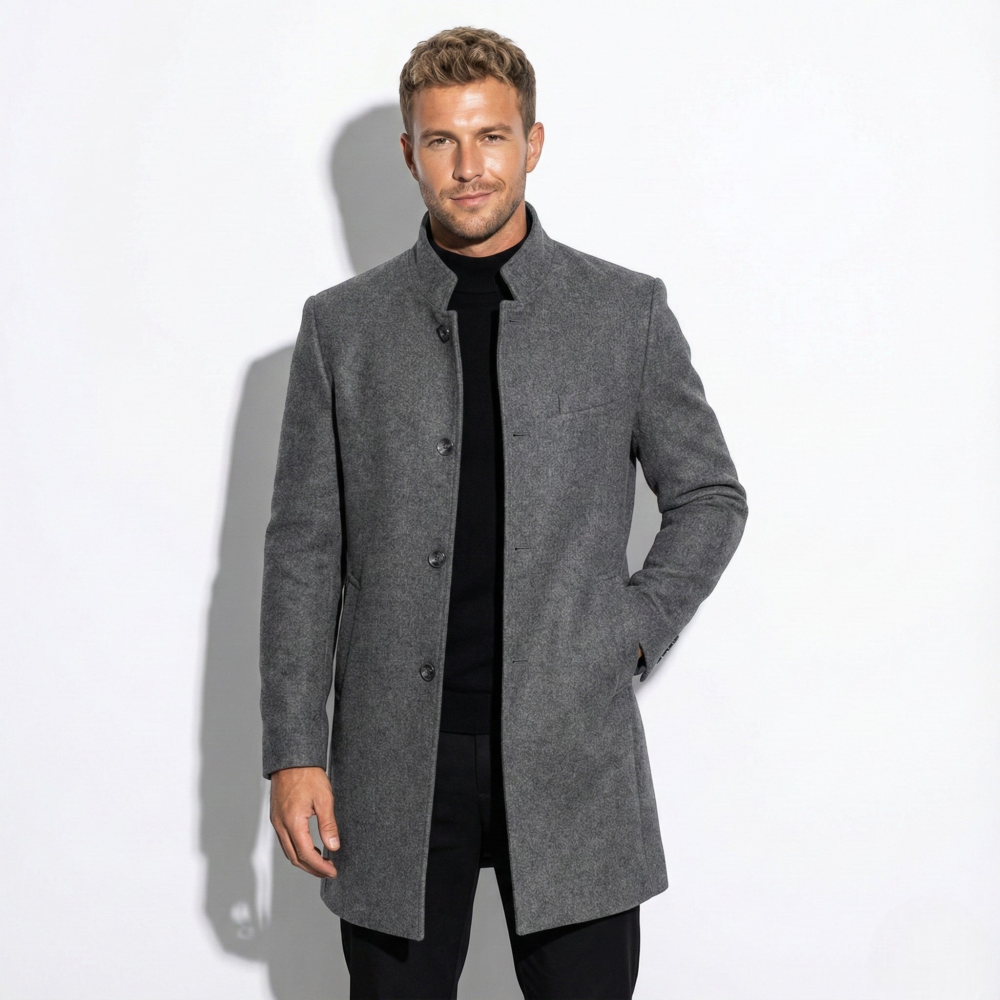 Men's Slim-Fit Overcoat with Stand Collar and Single Breasted Closure