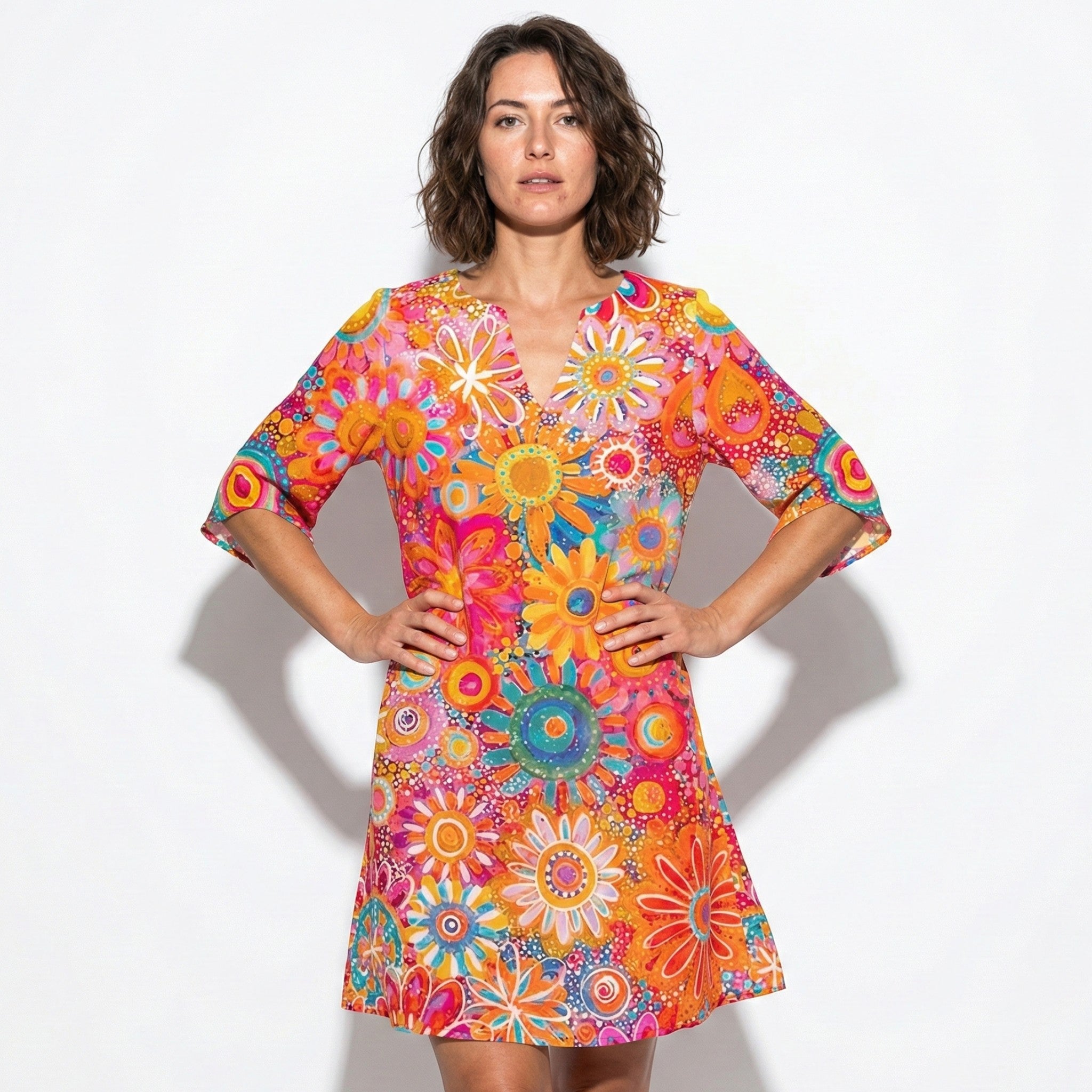 Florence - Women's Floral Print V-Neck Mini Dress
