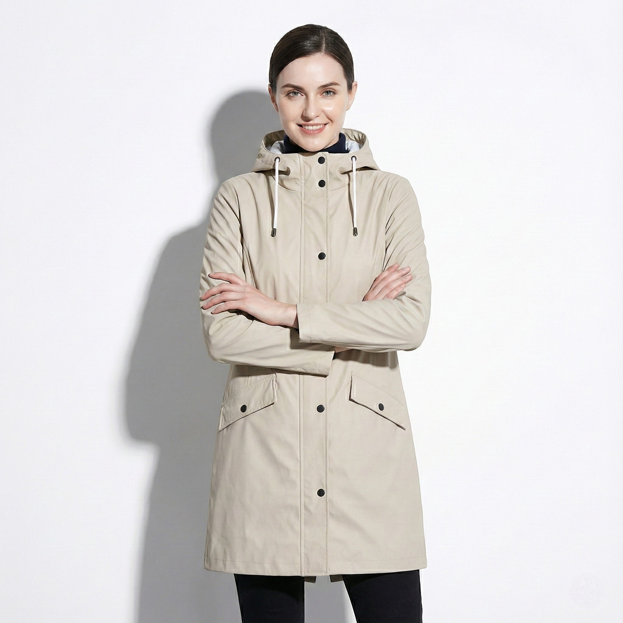 Women's Mid-Length Water-repellent Jacket with Drawstring Hood