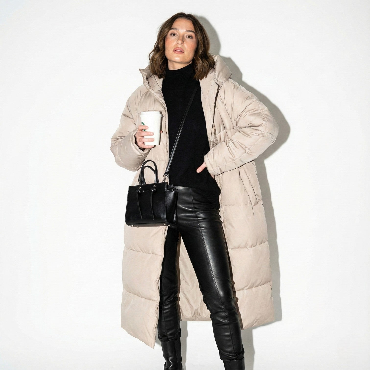 Women’s Water-Repellent Longline Puffer Jacket with Hood