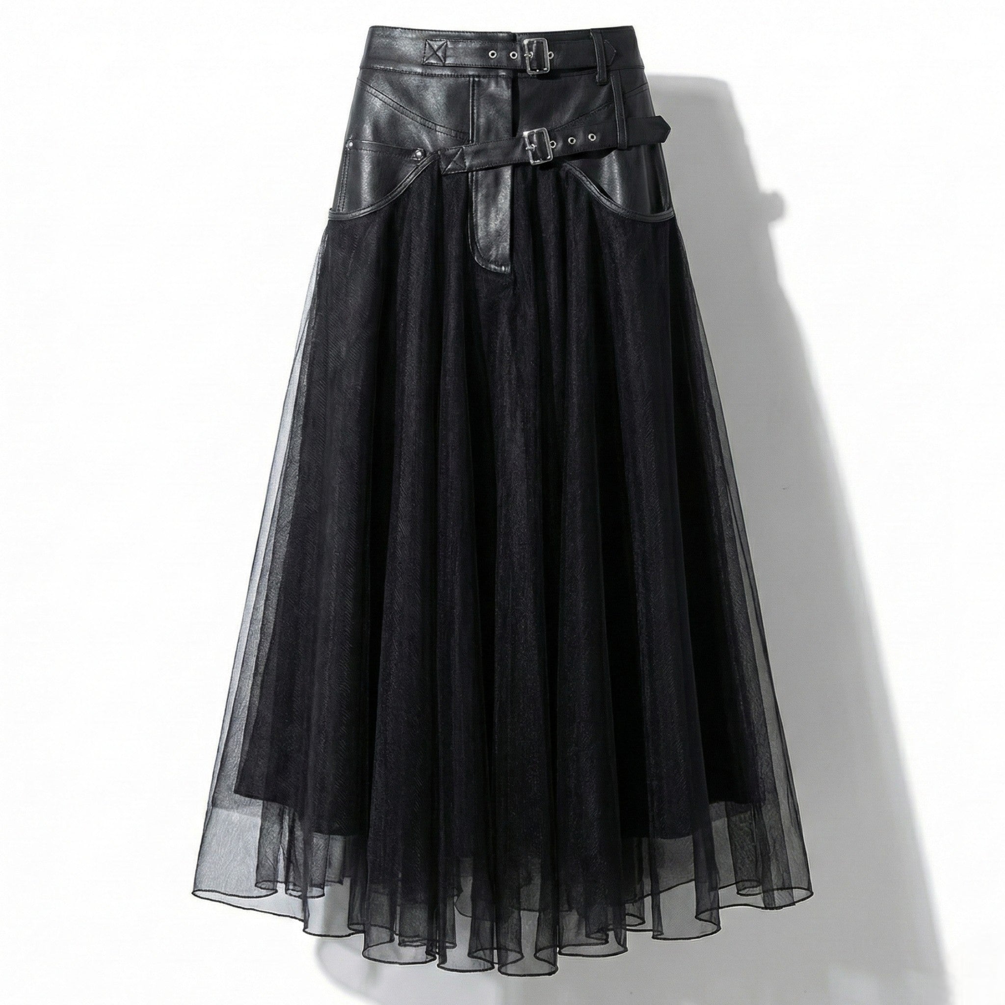 Amelia - Women's High-Waisted Mesh Tulle Skirt with Buckle Detail