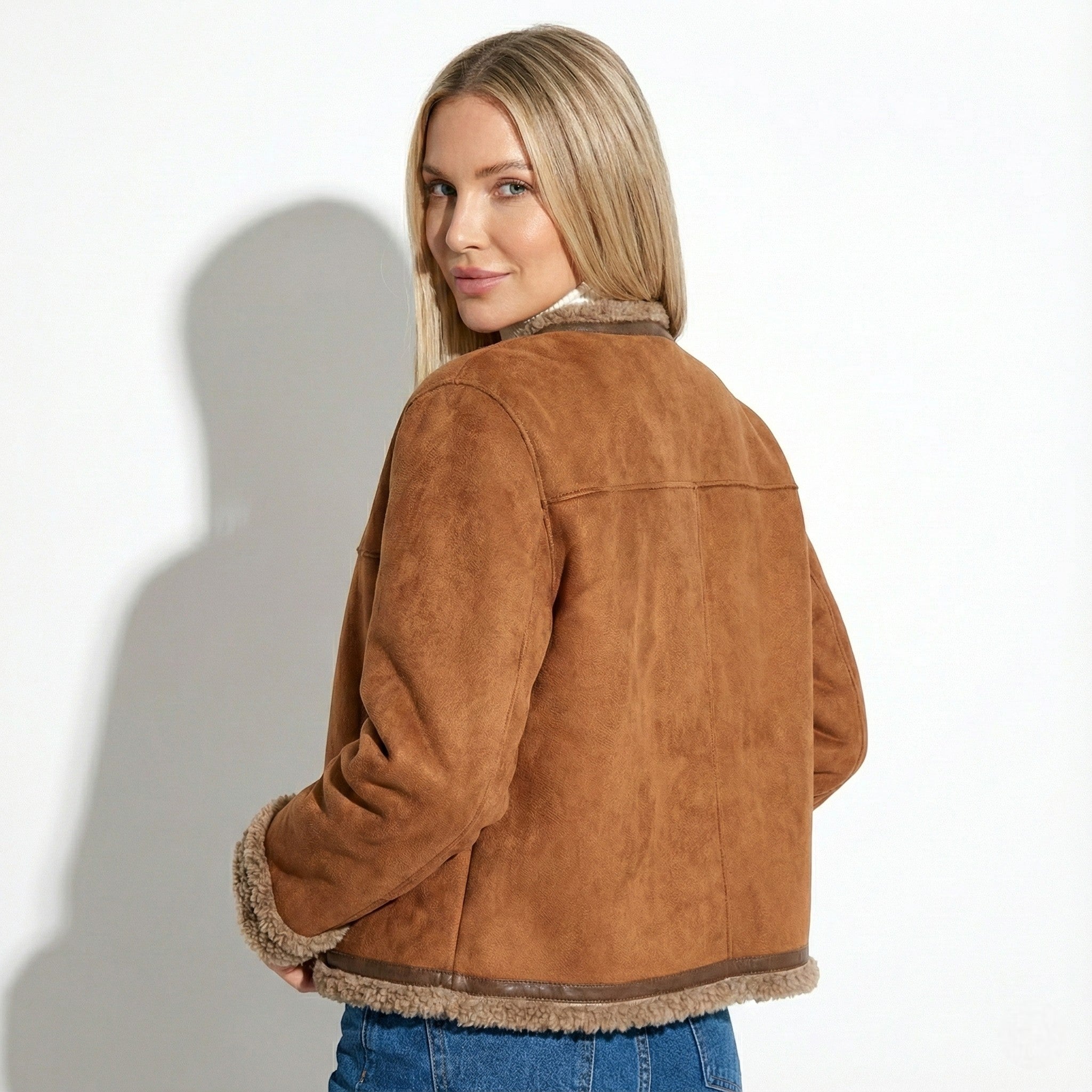 Women's Shearling Jacket with Fur Trim and Button Front Closure
