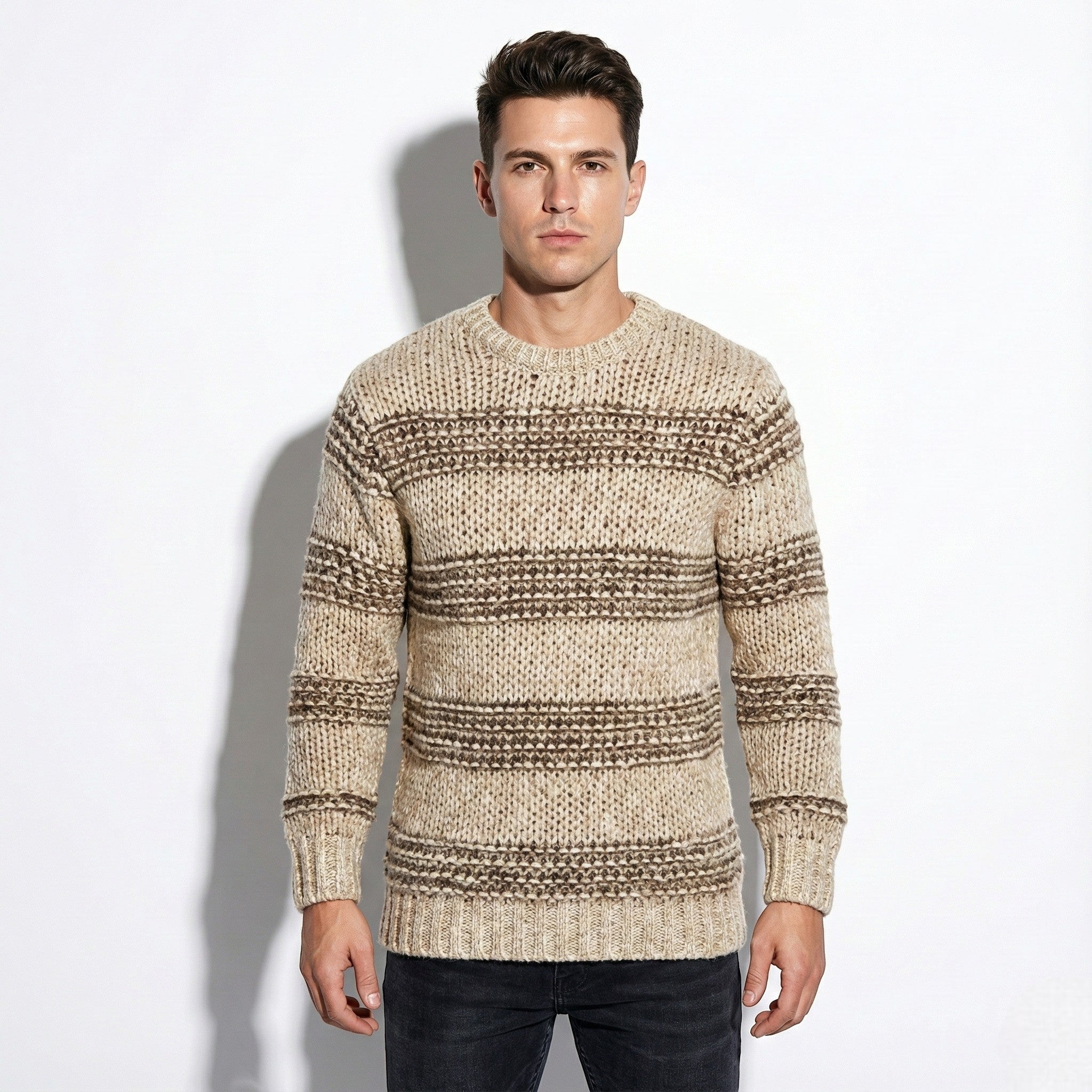Men's Knit Crewneck Sweater with Striped Pattern