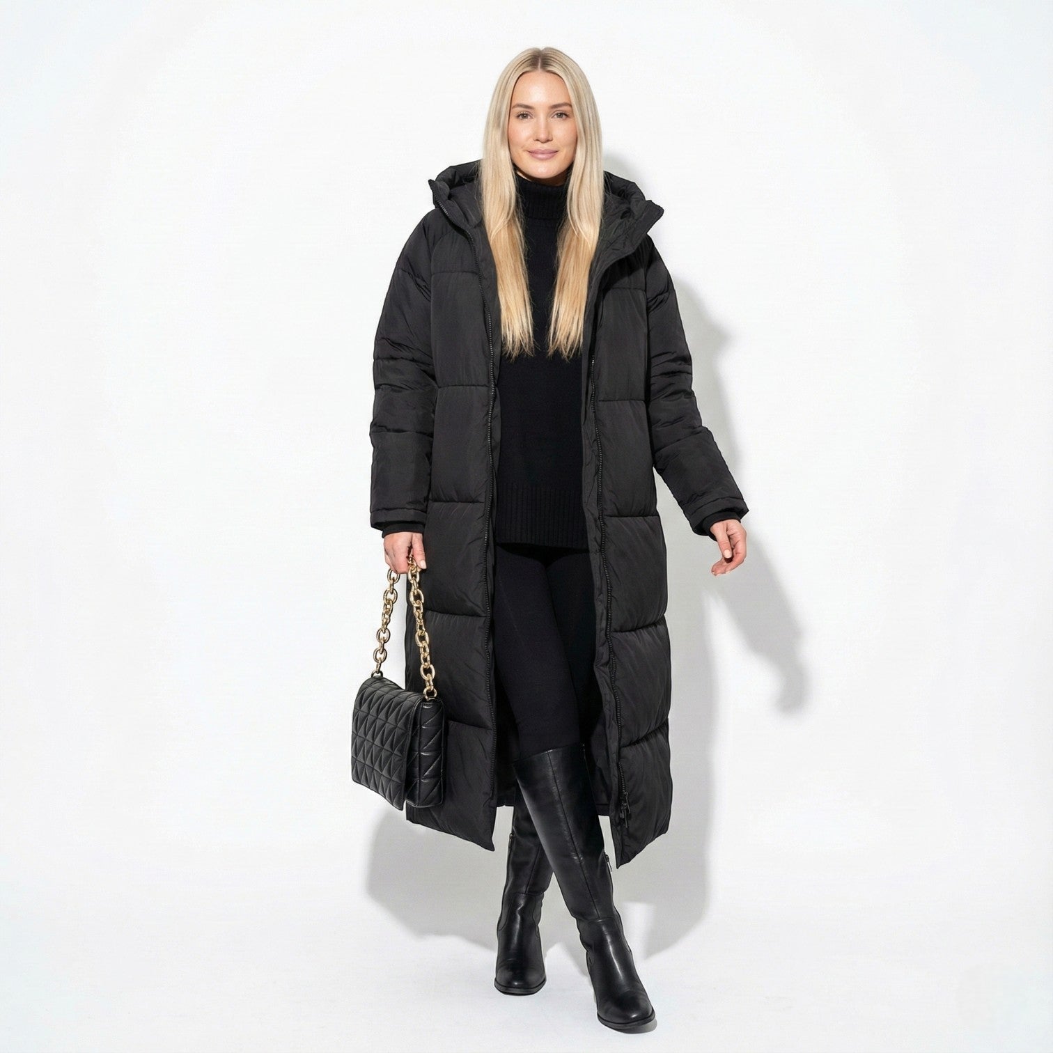 Women’s Water-Repellent Longline Puffer Jacket with Hood