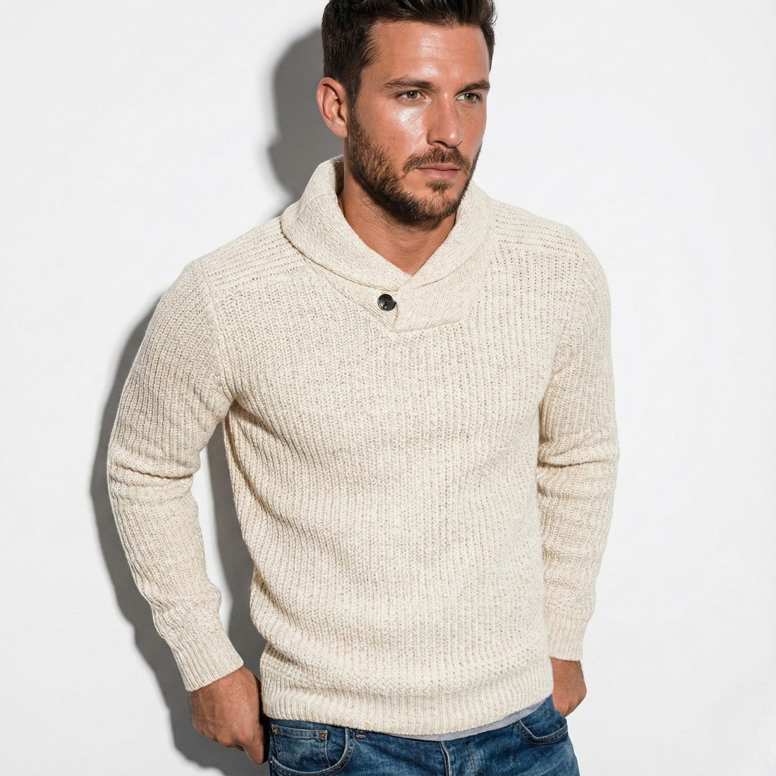 Men’s Ribbed Knit Sweater with Shawl Collar