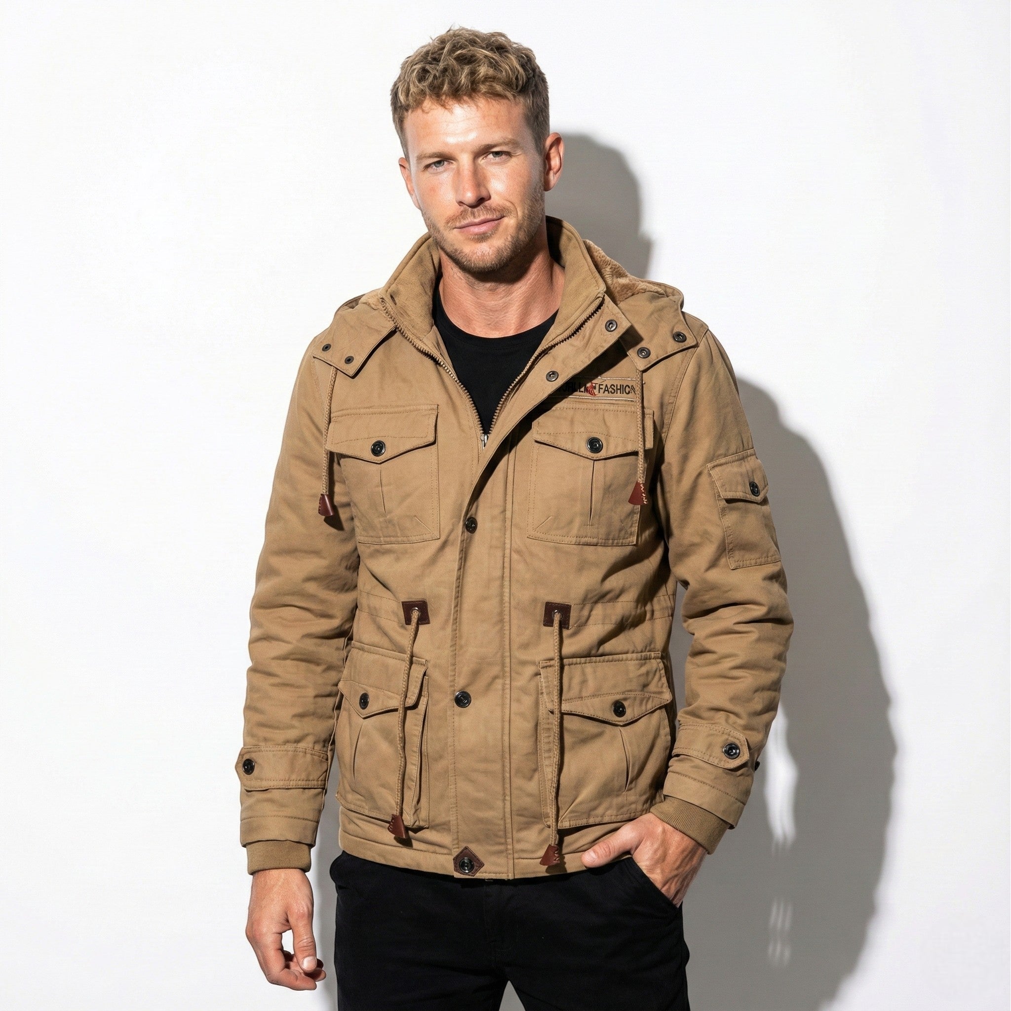 Men’s Winter Cargo Jacket with Faux Fur Lining and Multiple Pockets