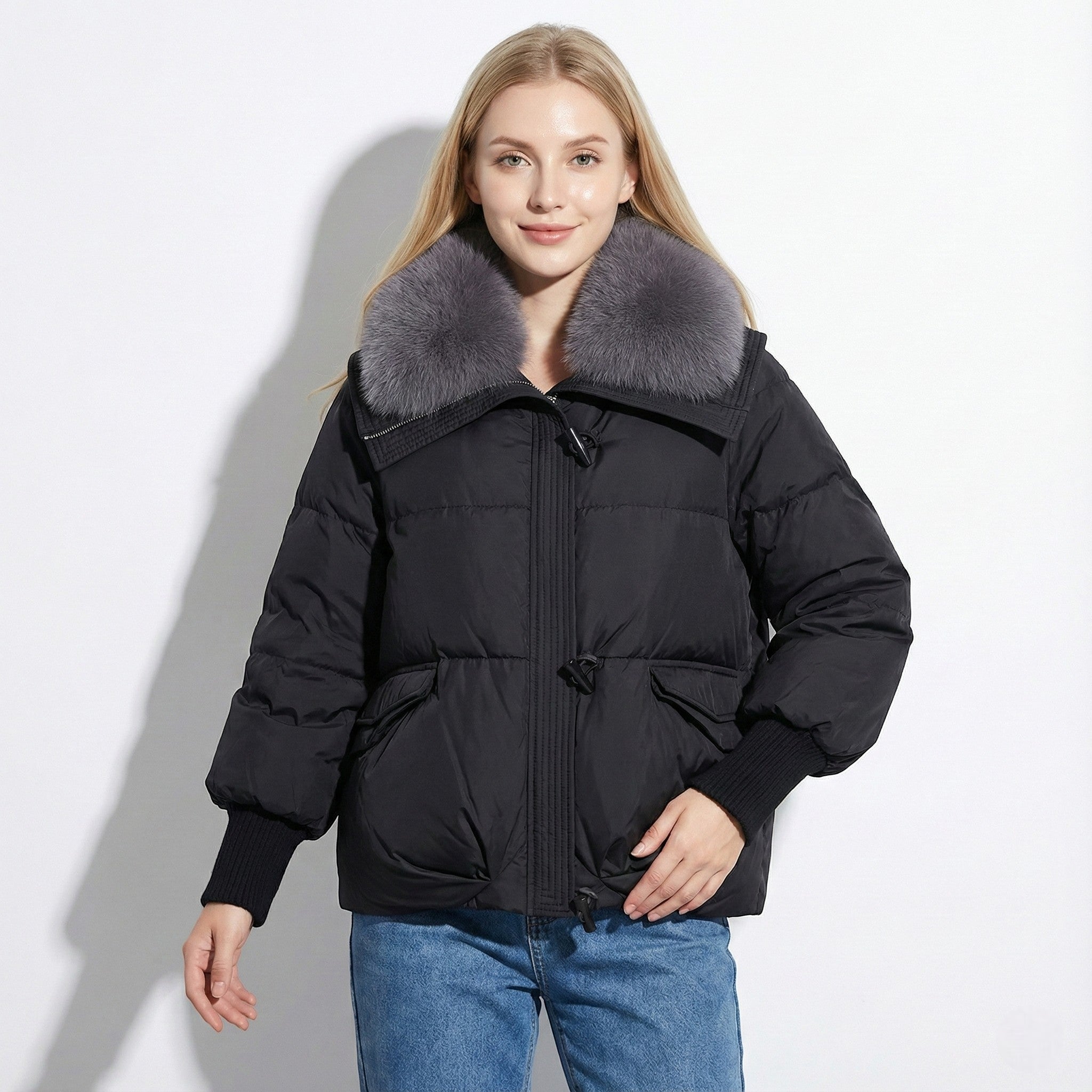Women's Oversized Winter Puffer Jacket with Fur Collar