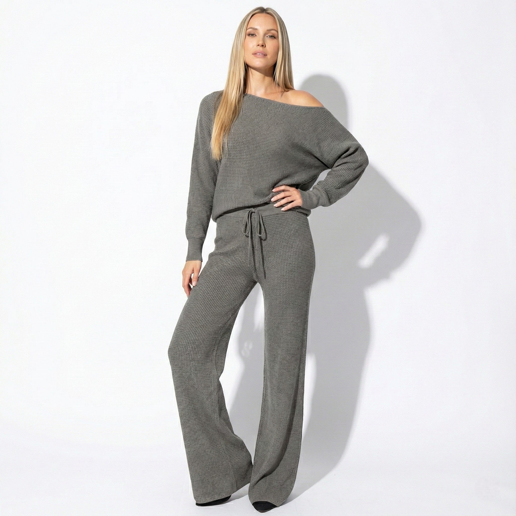 Women's Lounge Sweater Set with Off-Shoulder Top and Wide-Leg Pants