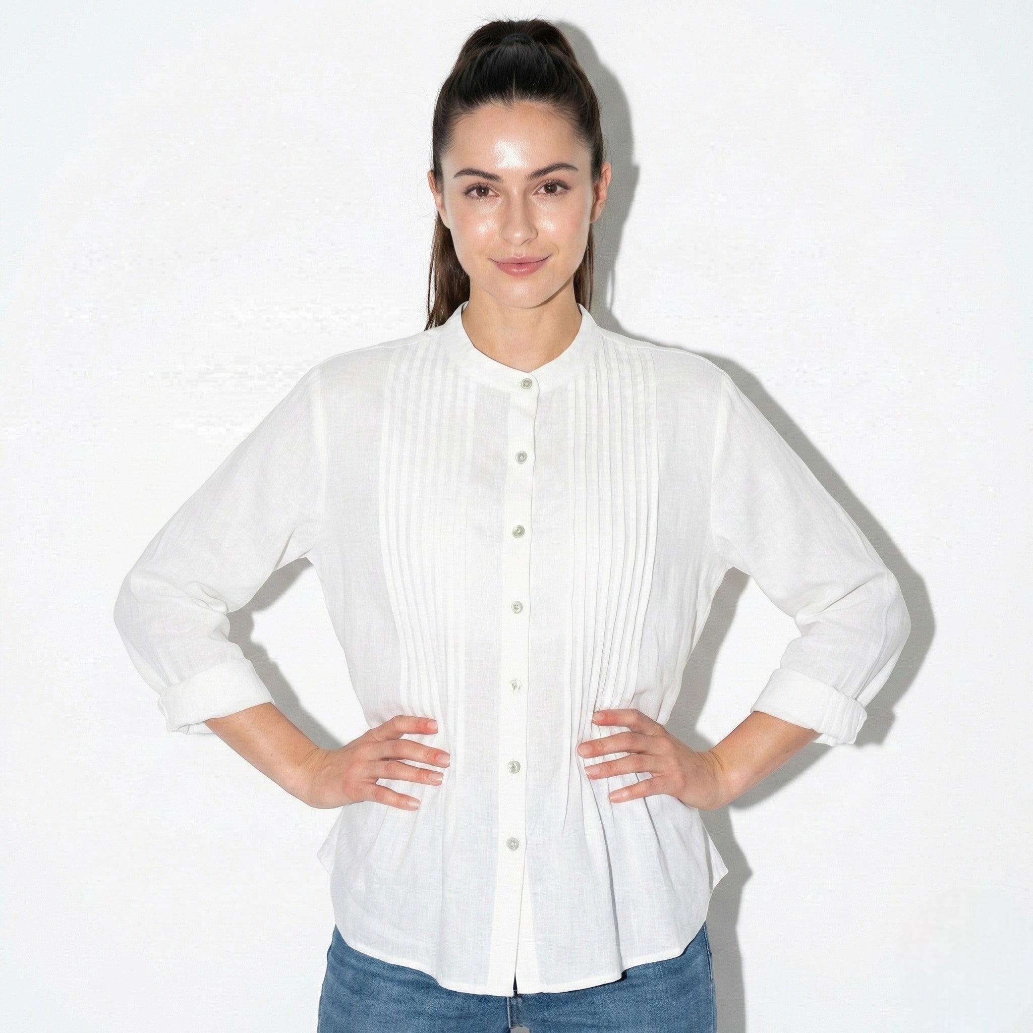 Florence - Women's Long Sleeve Pleated Blouse with Stand Collar