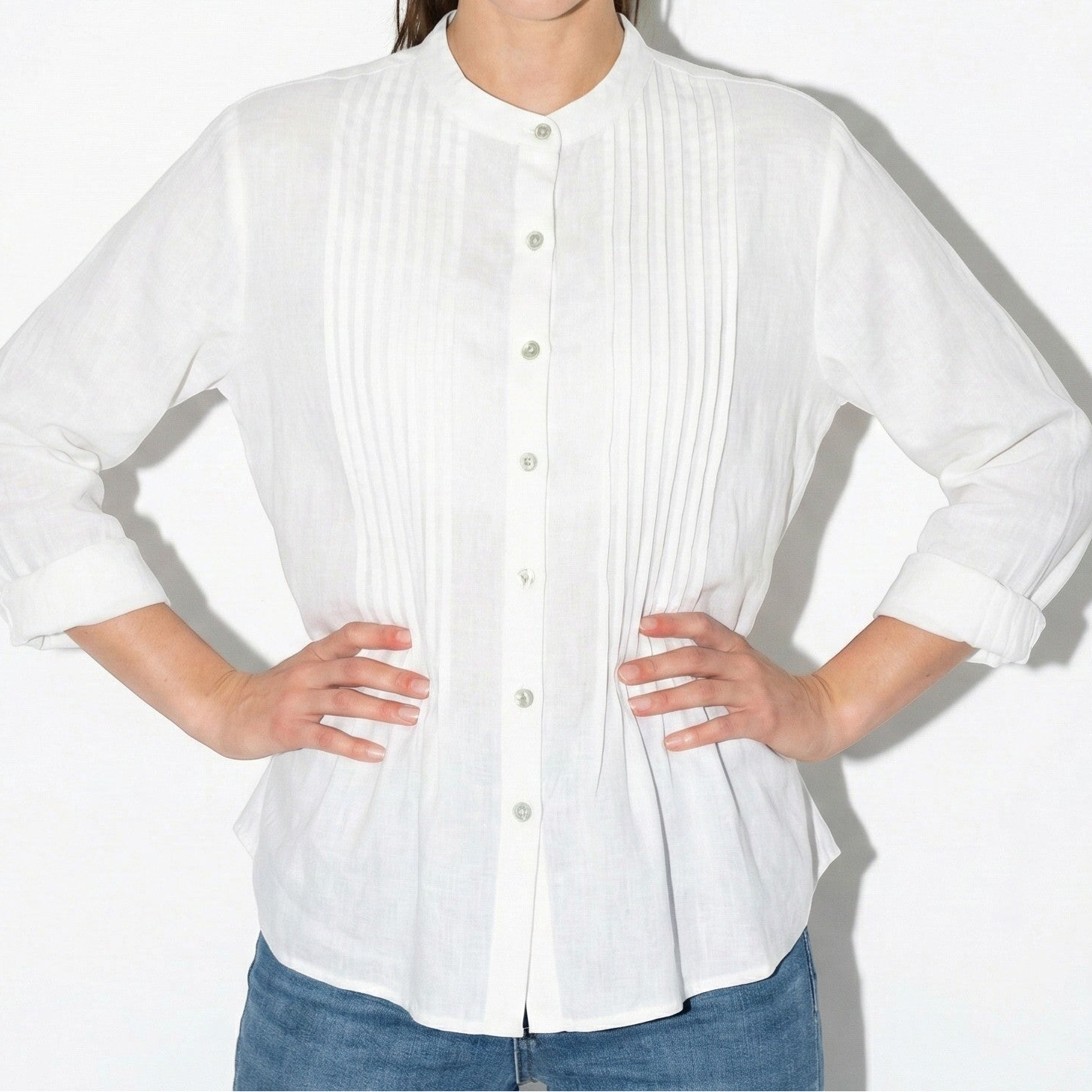 Florence - Women's Long Sleeve Pleated Blouse with Stand Collar