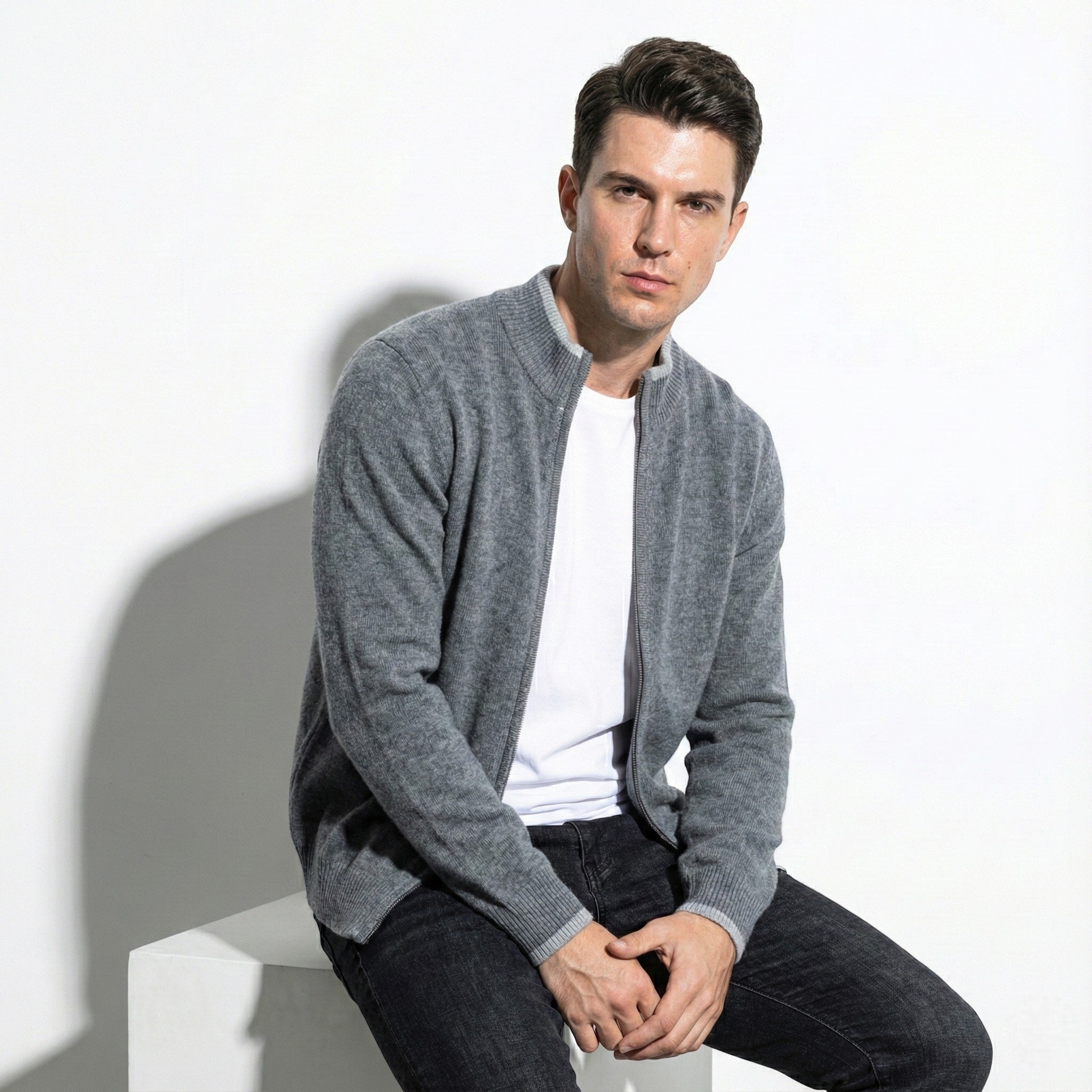 Men's Zip-Up Cardigan with Ribbed Collar and Soft Knit Texture
