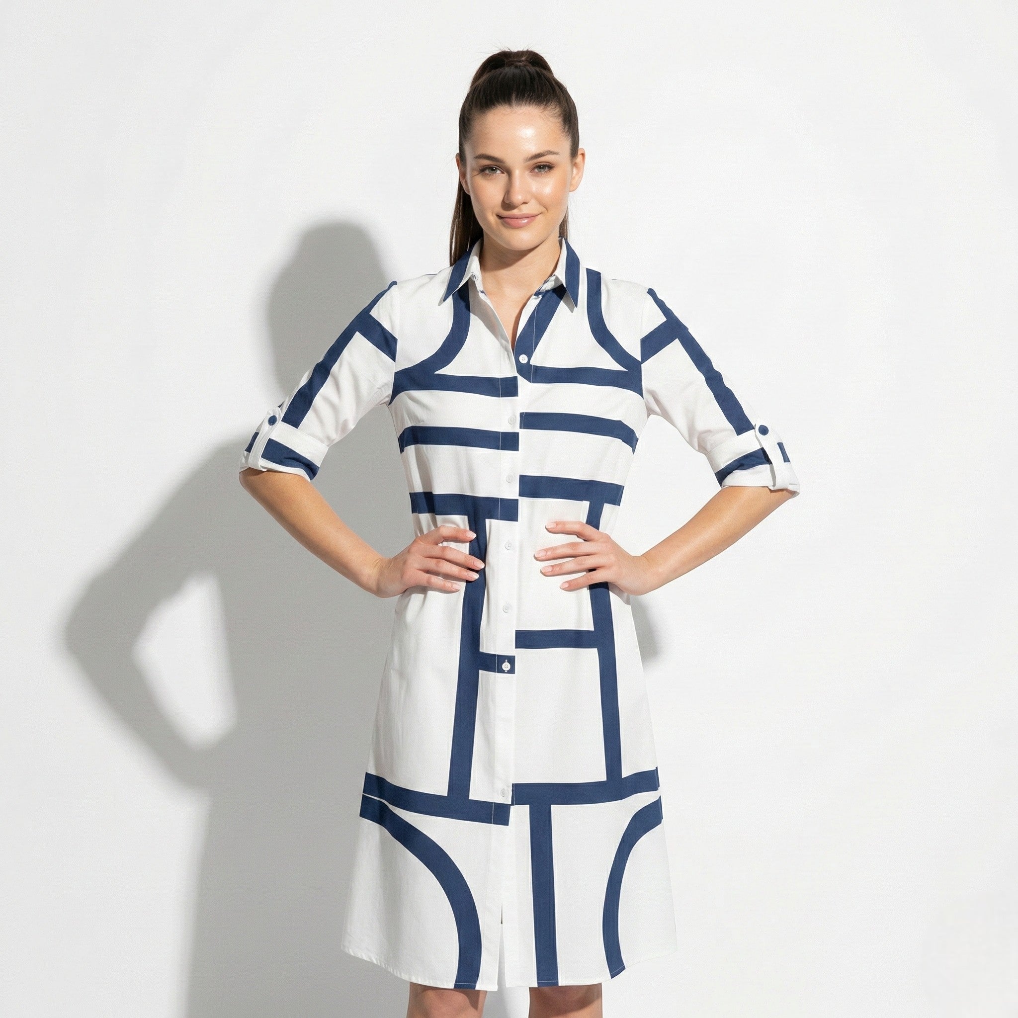 Emily - Women’s Shirt Dress with Button Front and Geometric Print