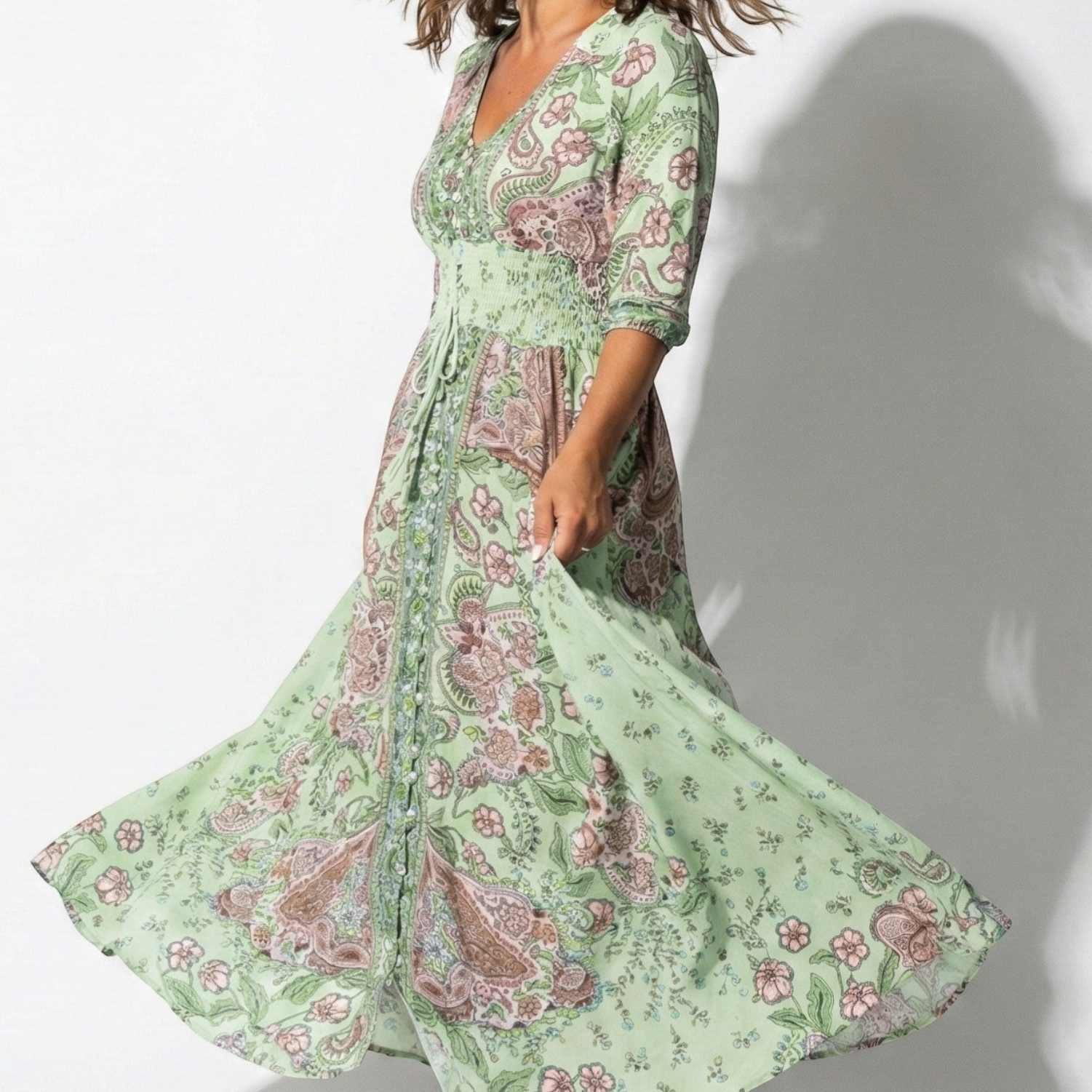 Grace - Women's Printed V-Neck Maxi Dress with 3/4 Sleeves