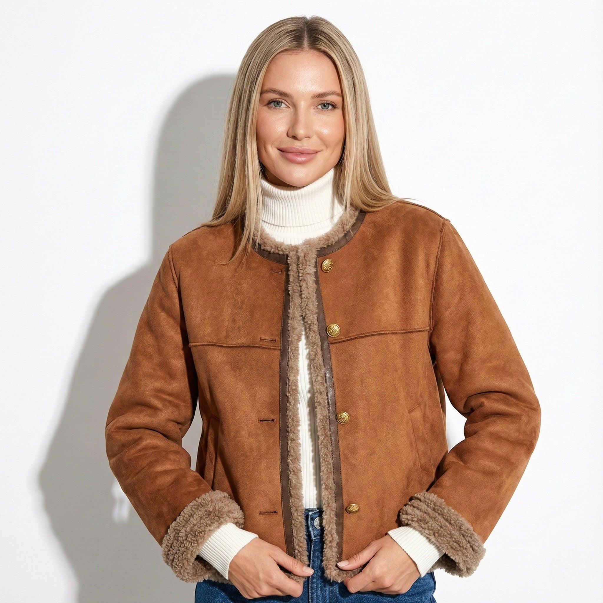 Women's Shearling Jacket with Fur Trim and Button Front Closure