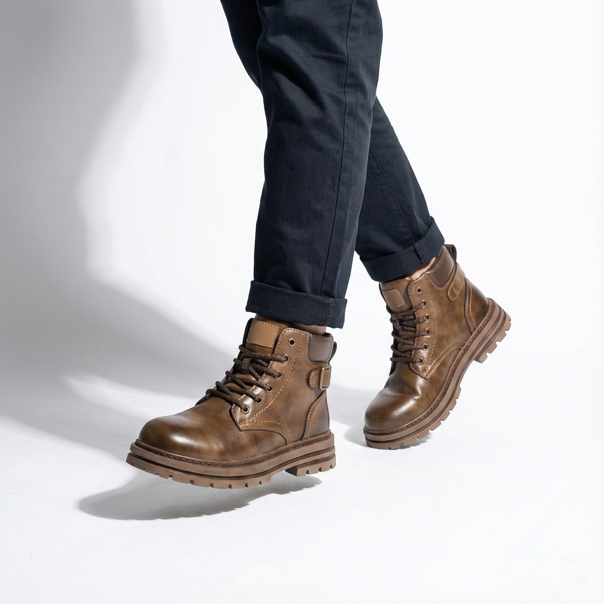 Men's Leather Combat Boots with Chunky Lug Sole and Ankle Buckle Detail