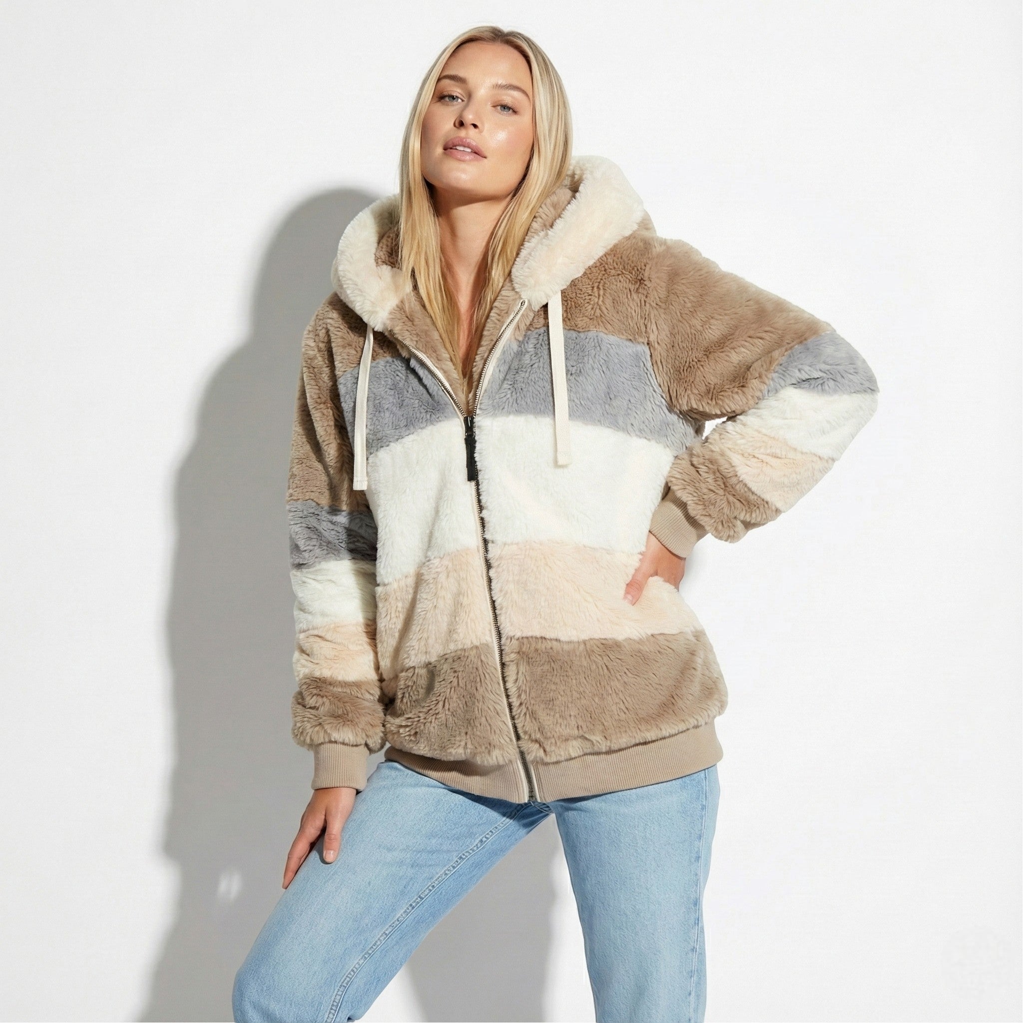 Women's Overized Faux Fur Jacket with Hood