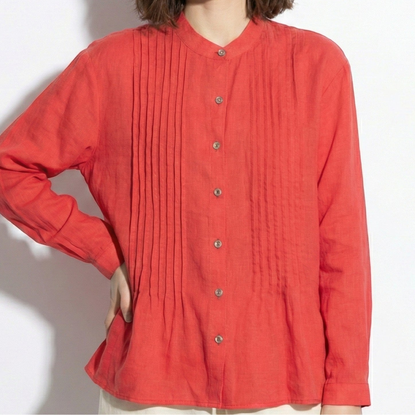 Florence - Women's Long Sleeve Pleated Blouse with Stand Collar