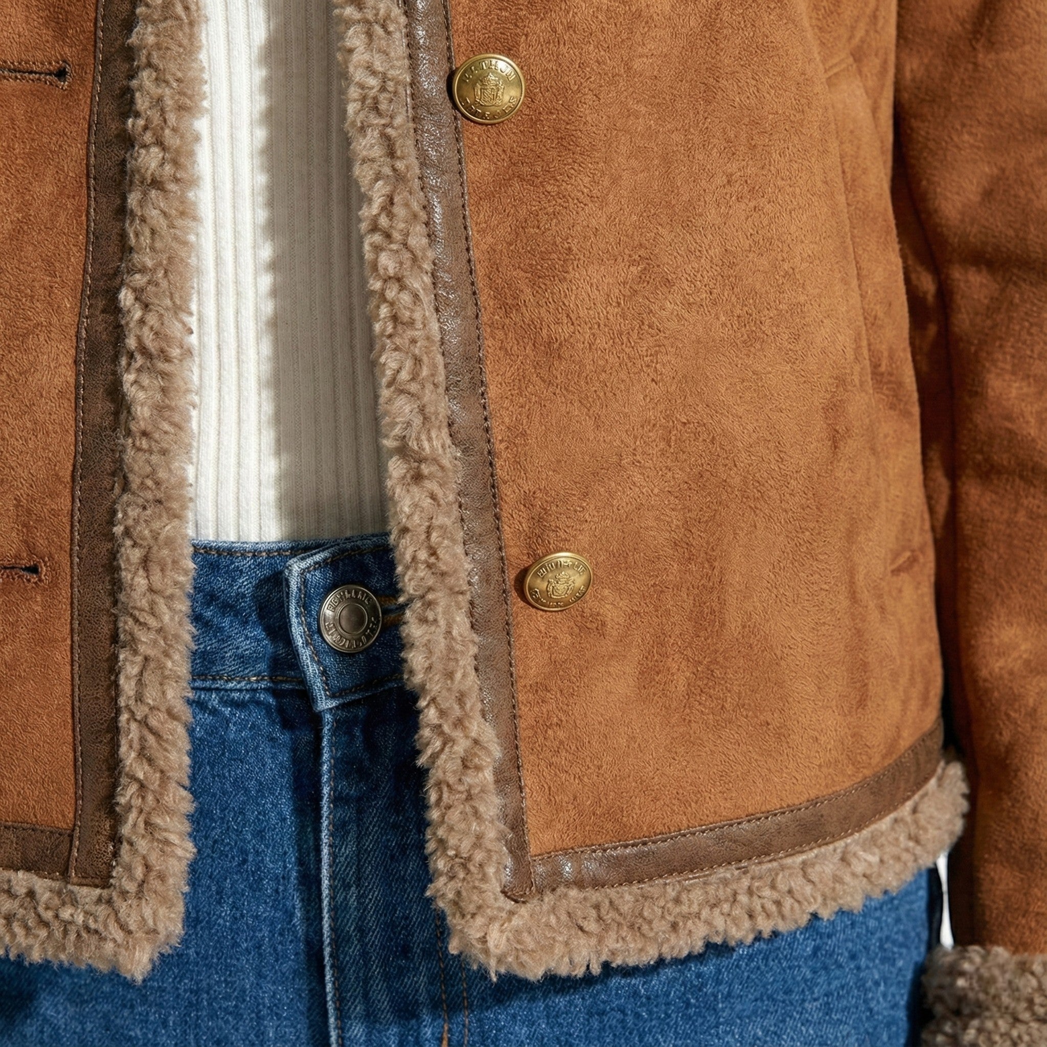 Women's Shearling Jacket with Fur Trim and Button Front Closure