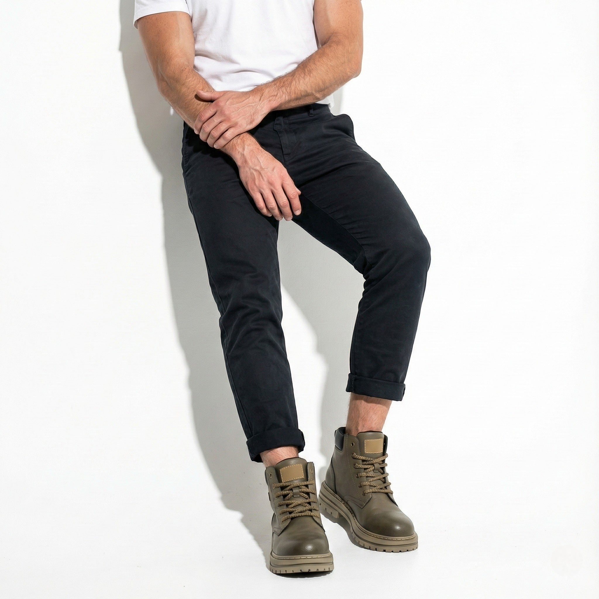 Men's Leather Combat Boots with Chunky Lug Sole and Ankle Buckle Detail