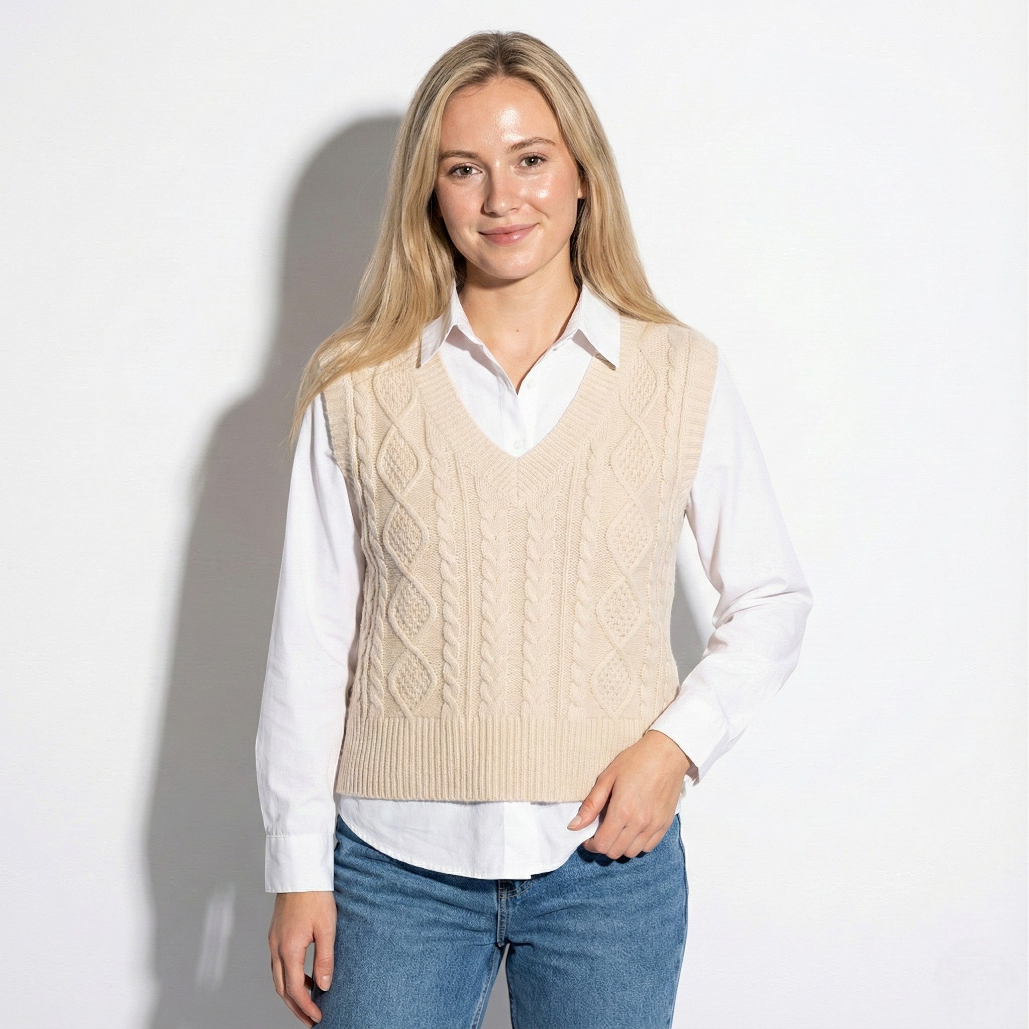 Women's V-Neck Sweater Vest with Cable Knit